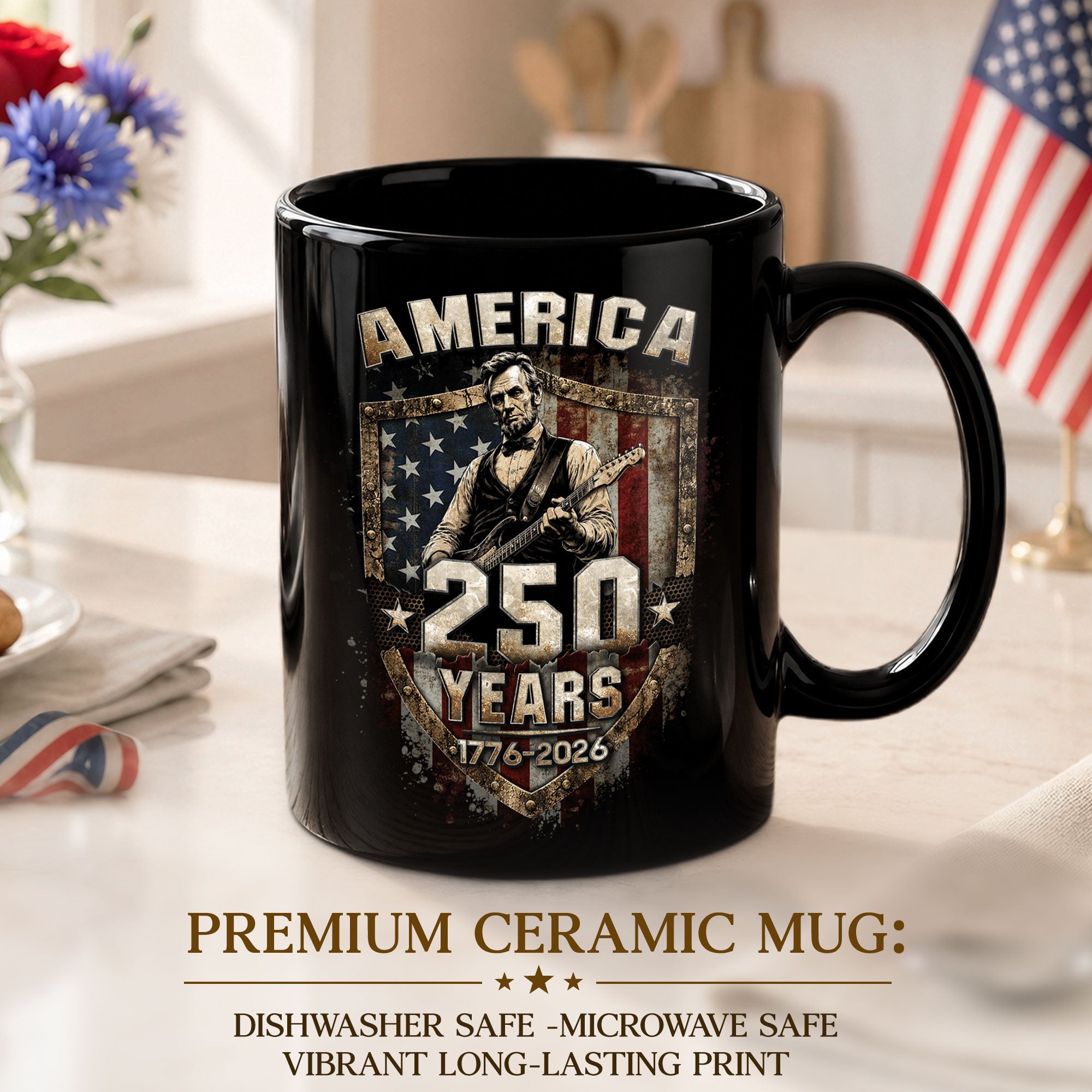 Patriotic Lincoln Guitar Ceramic Mug - Vintage Flag Graphic Beverage Cup for Fans