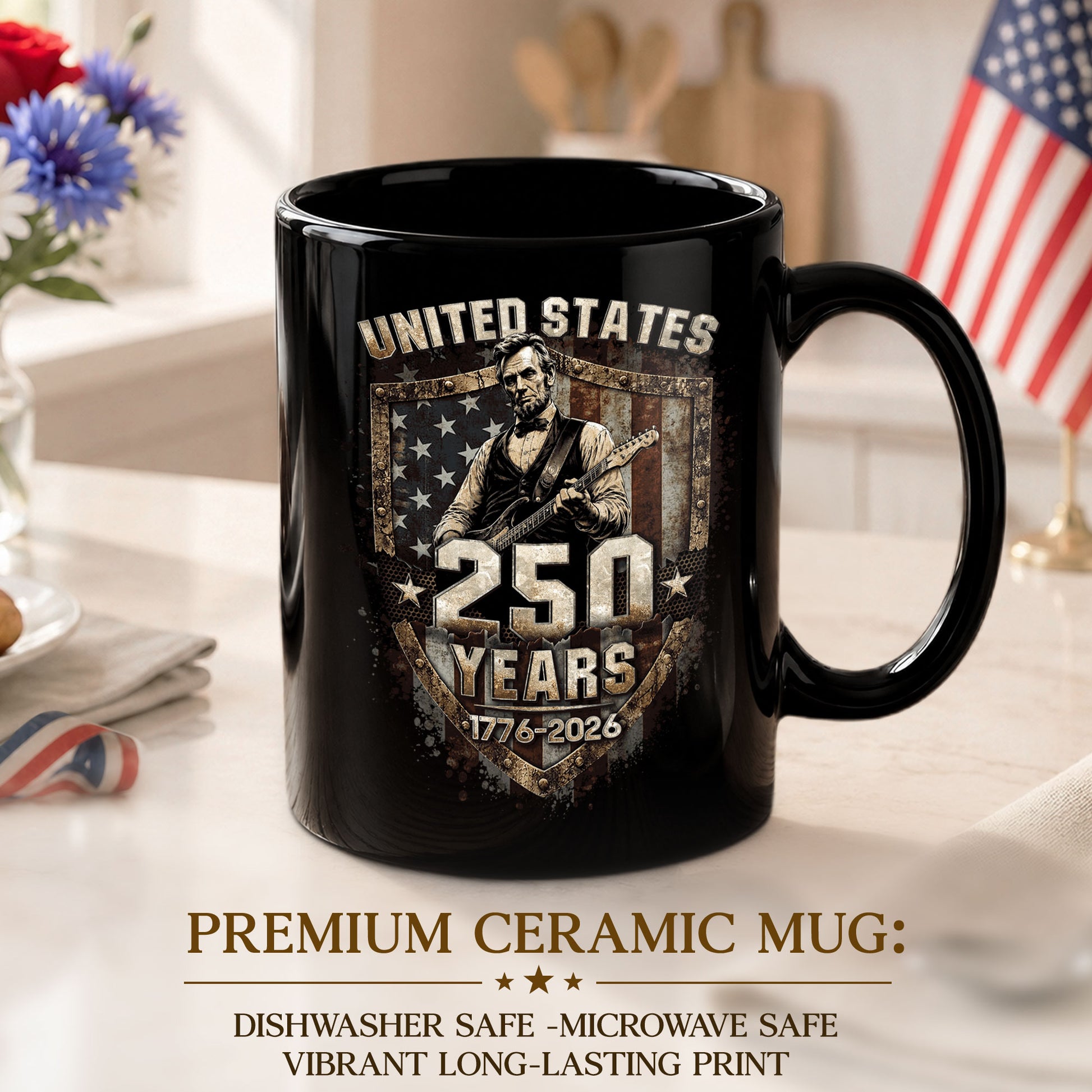 Patriotic Lincoln Guitar Ceramic Mug - Vintage Flag Graphic Beverage Cup for Fans - Rust Field Wear