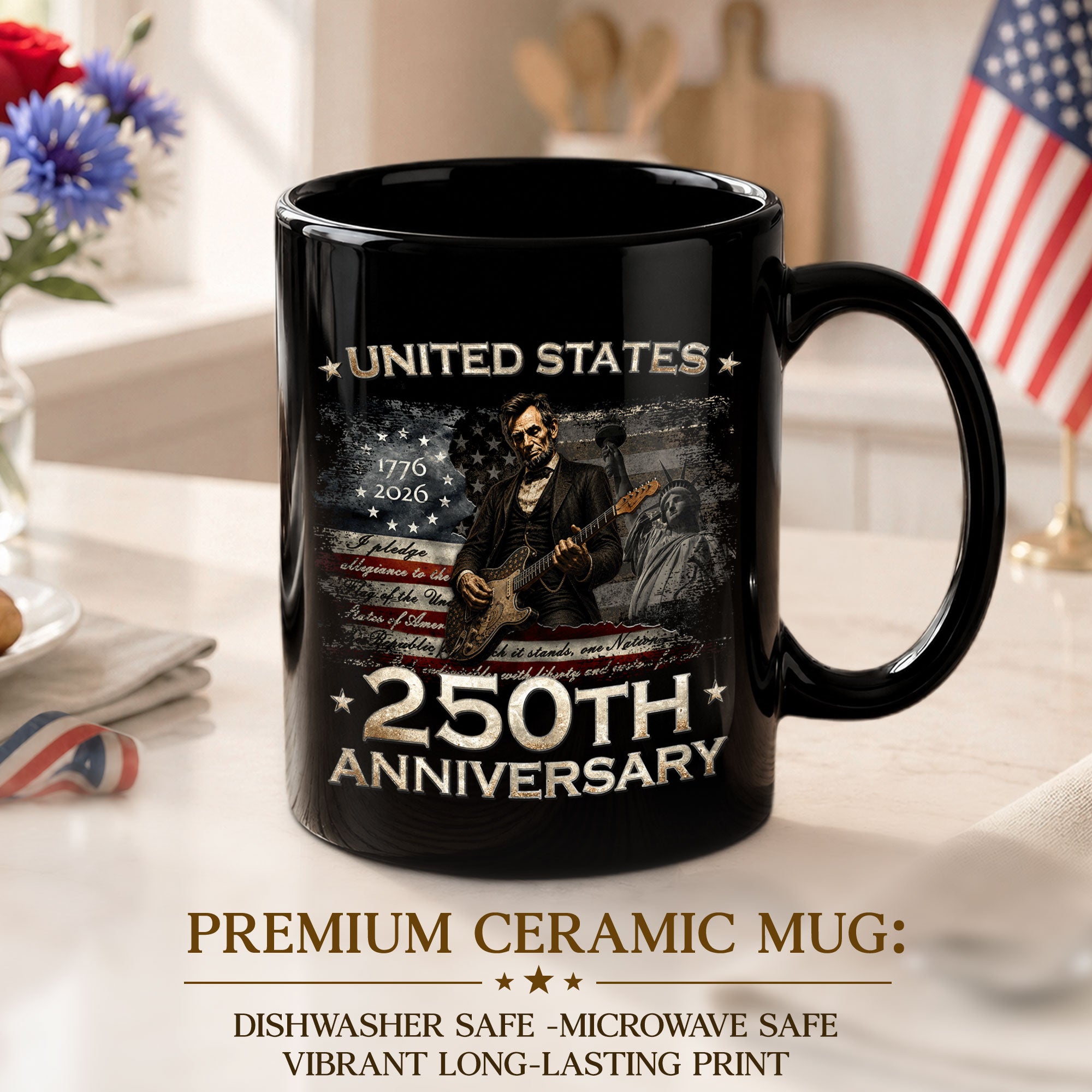 Unique Lincoln Guitar Ceramic Mug - Patriotic Statue of Liberty Vintage Graphic Cup