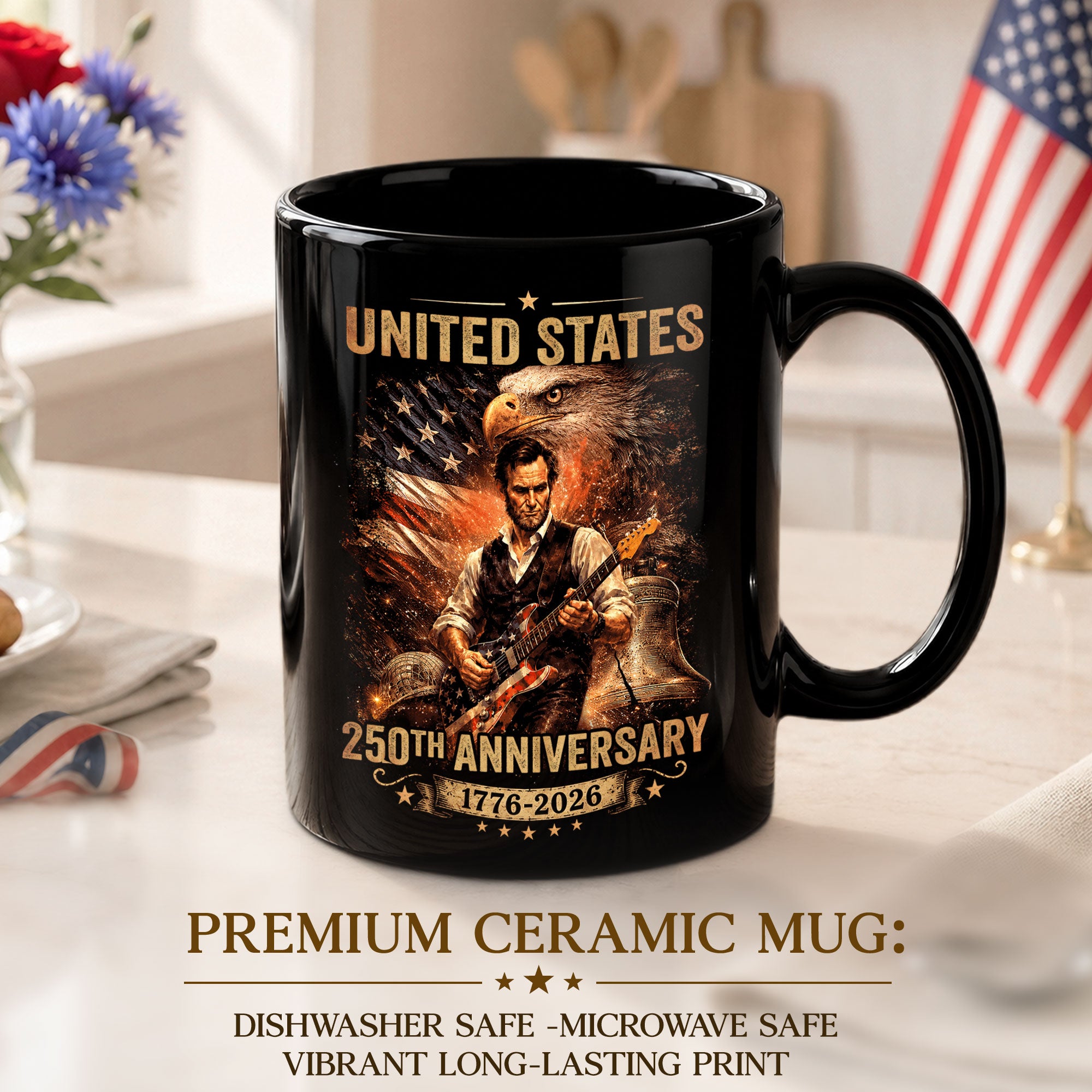 Patriotic Lincoln Guitar Ceramic Mug - Eagle Flag 1776-2026 Anniversary Beverage Cup