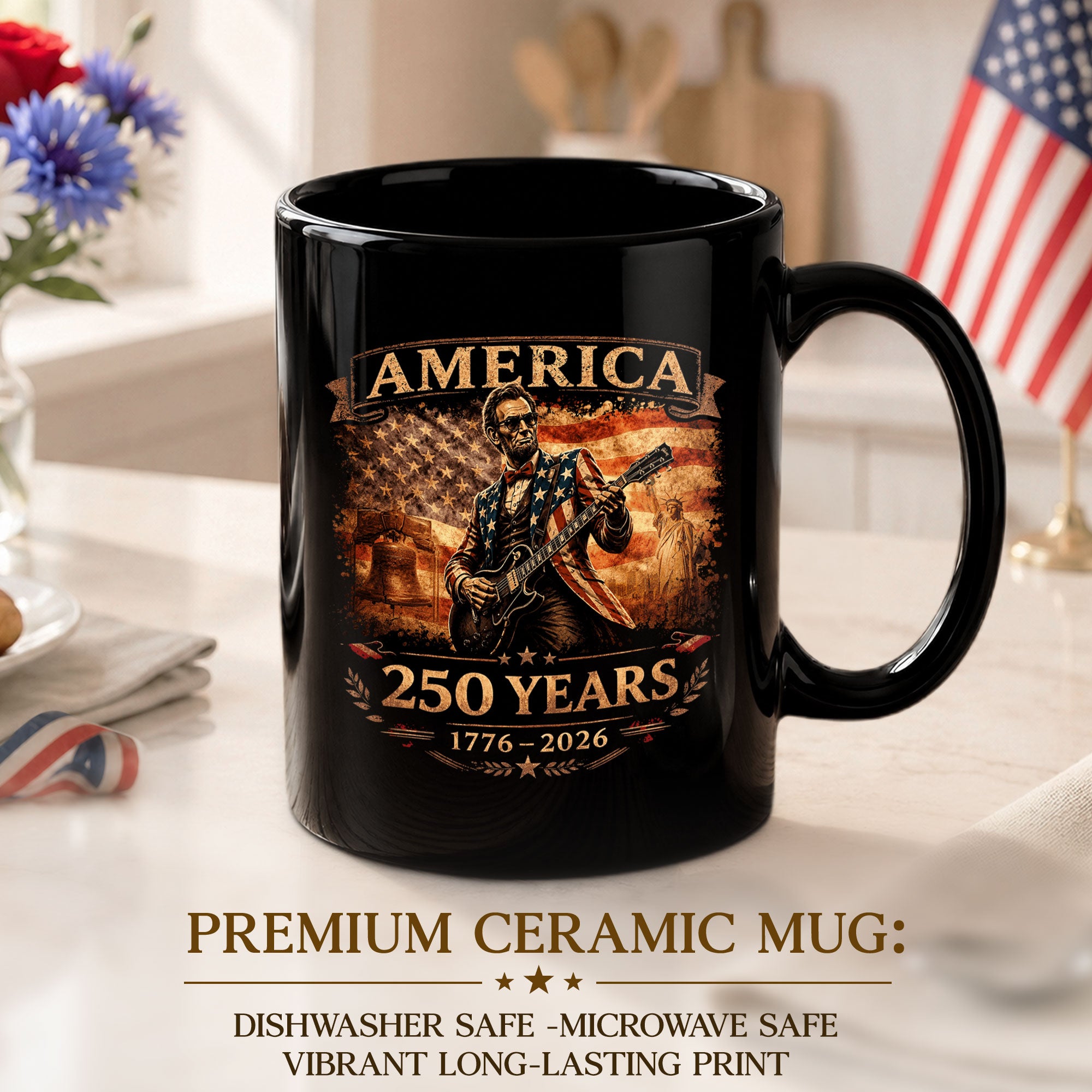 Lincoln Guitar Ceramic Mug - Patriotic Statue Liberty Flag Vintage Beverage Cup