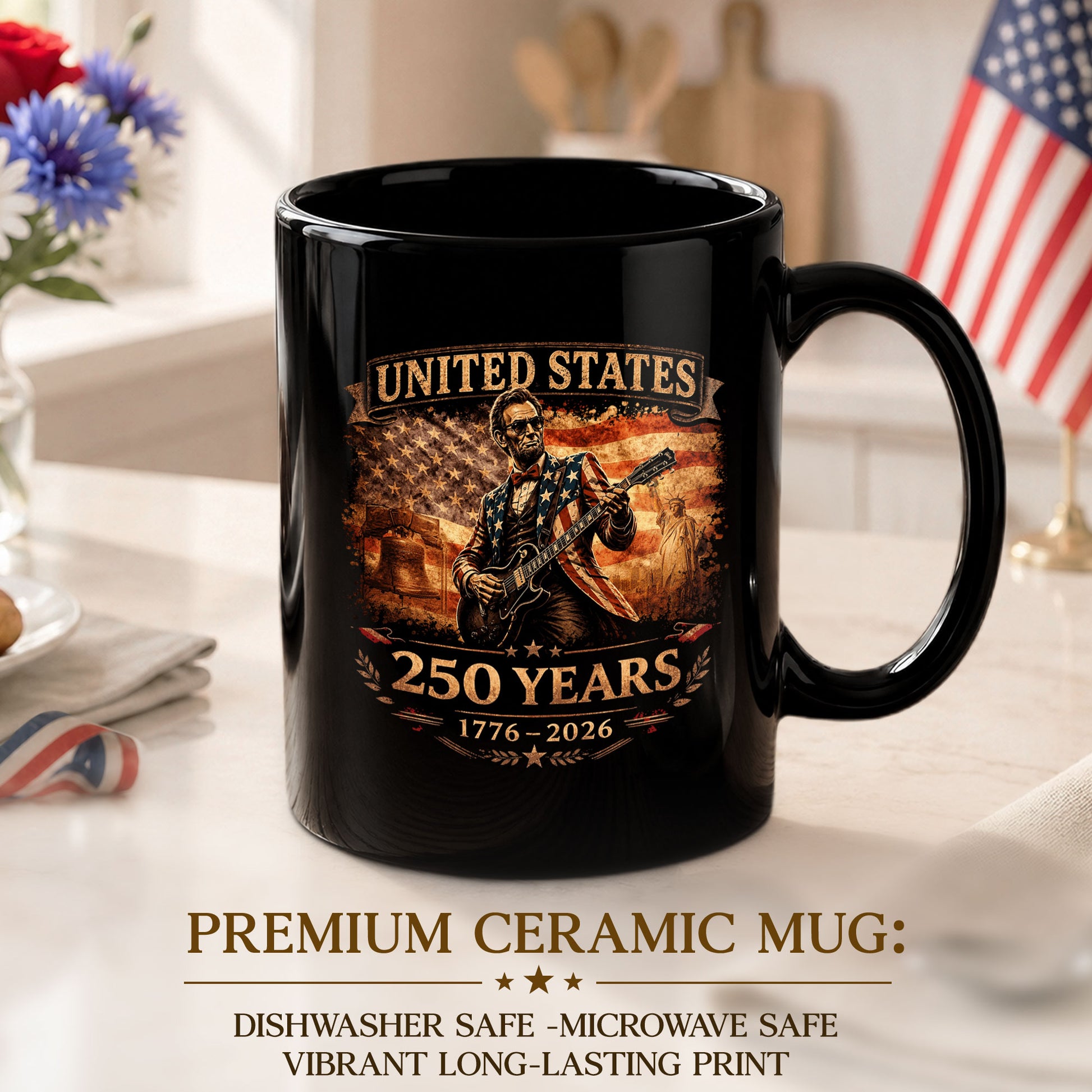 Lincoln Guitar Ceramic Mug - Patriotic Statue Liberty Flag Vintage Beverage Cup - Rust Field Wear