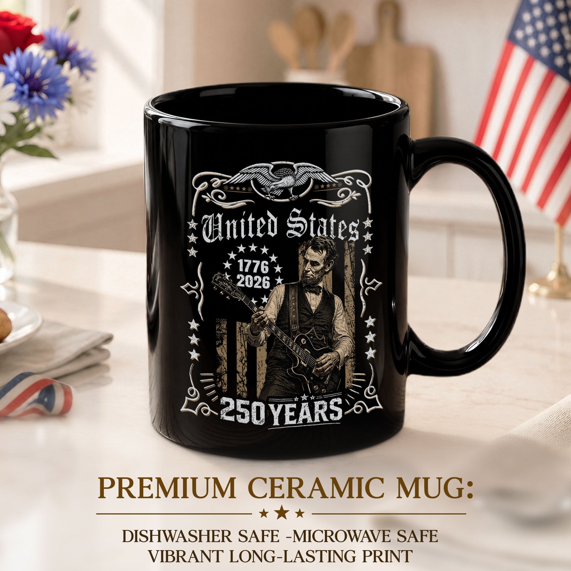 Historic Lincoln Guitar Ceramic Mug - Patriotic Eagle Flag Anniversary Beverage Cup - Rust Field Wear