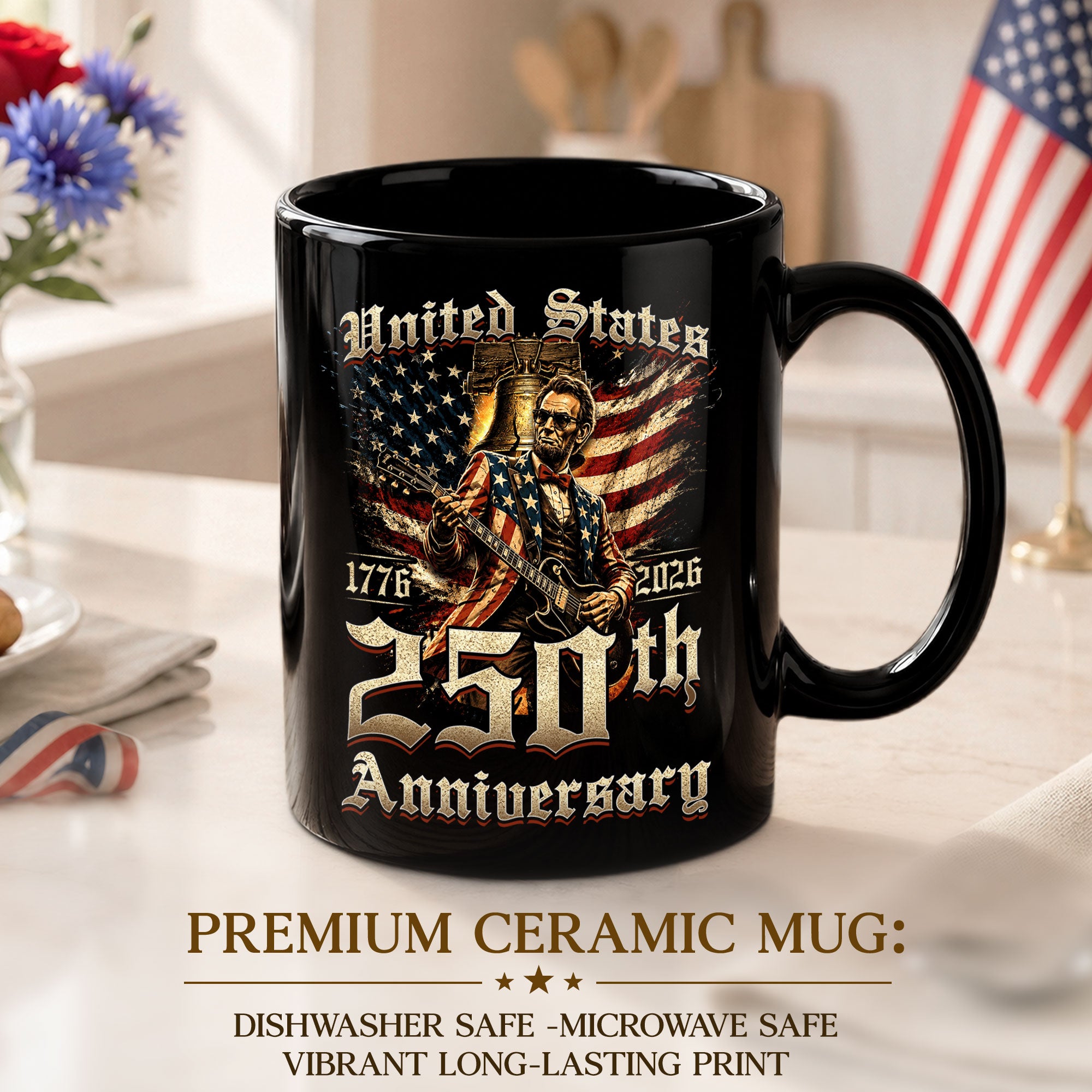 250th Anniversary Mug 1776-2026 Patriotic US Flag Abraham Lincoln Rock Guitar Gift