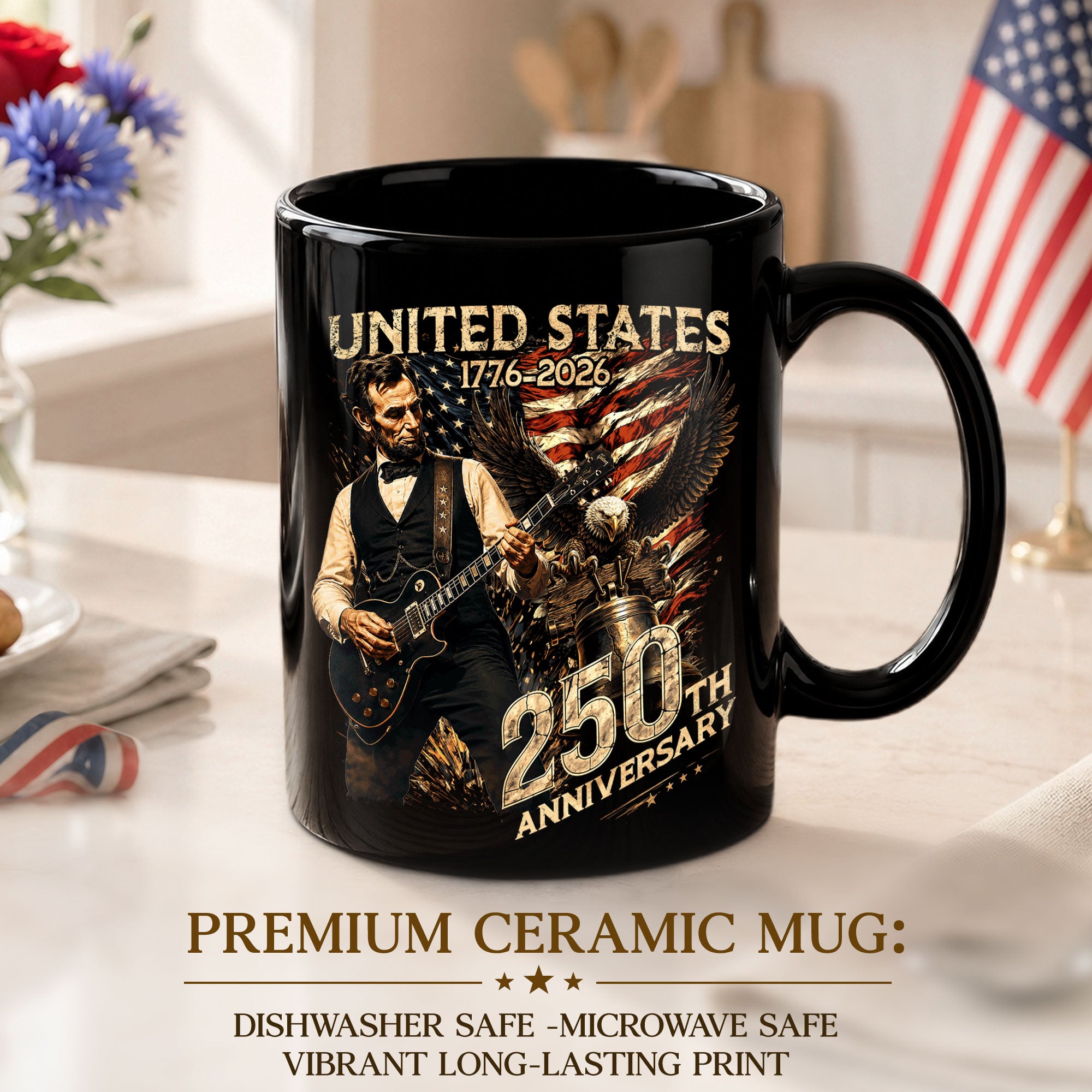 US 250th Anniversary Mug 1776-2026 Vintage United States Lincoln Guitar Bald Eagle Bell
