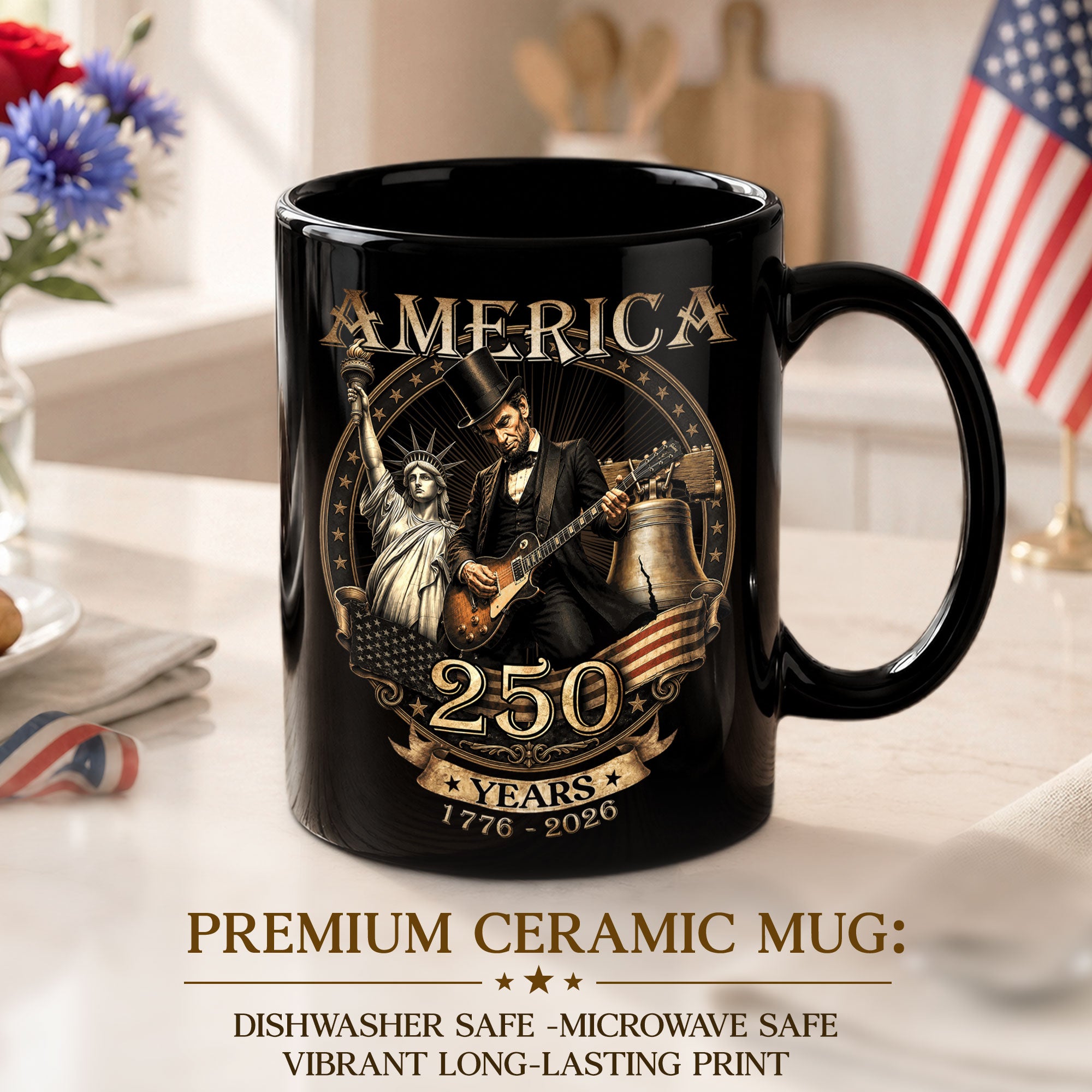 Patriotic Mug 250 Years 1776-2026 United States Statue Of Liberty Lincoln Rock Guitar