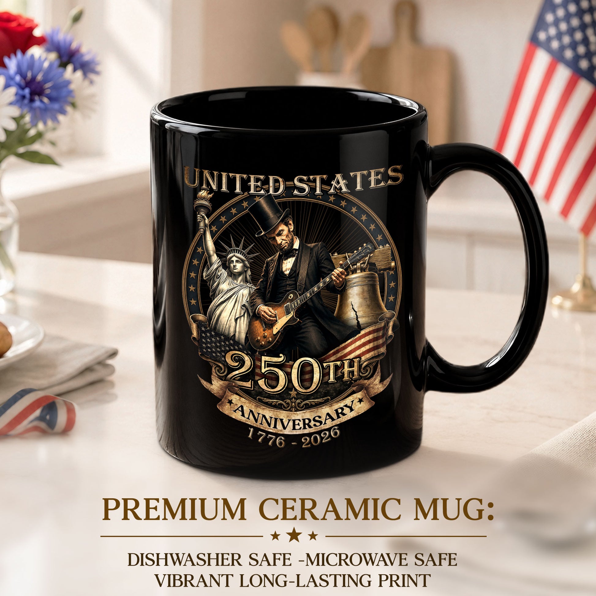Patriotic Mug 250 Years 1776-2026 United States Statue Of Liberty Lincoln Rock Guitar - Rust Field Wear