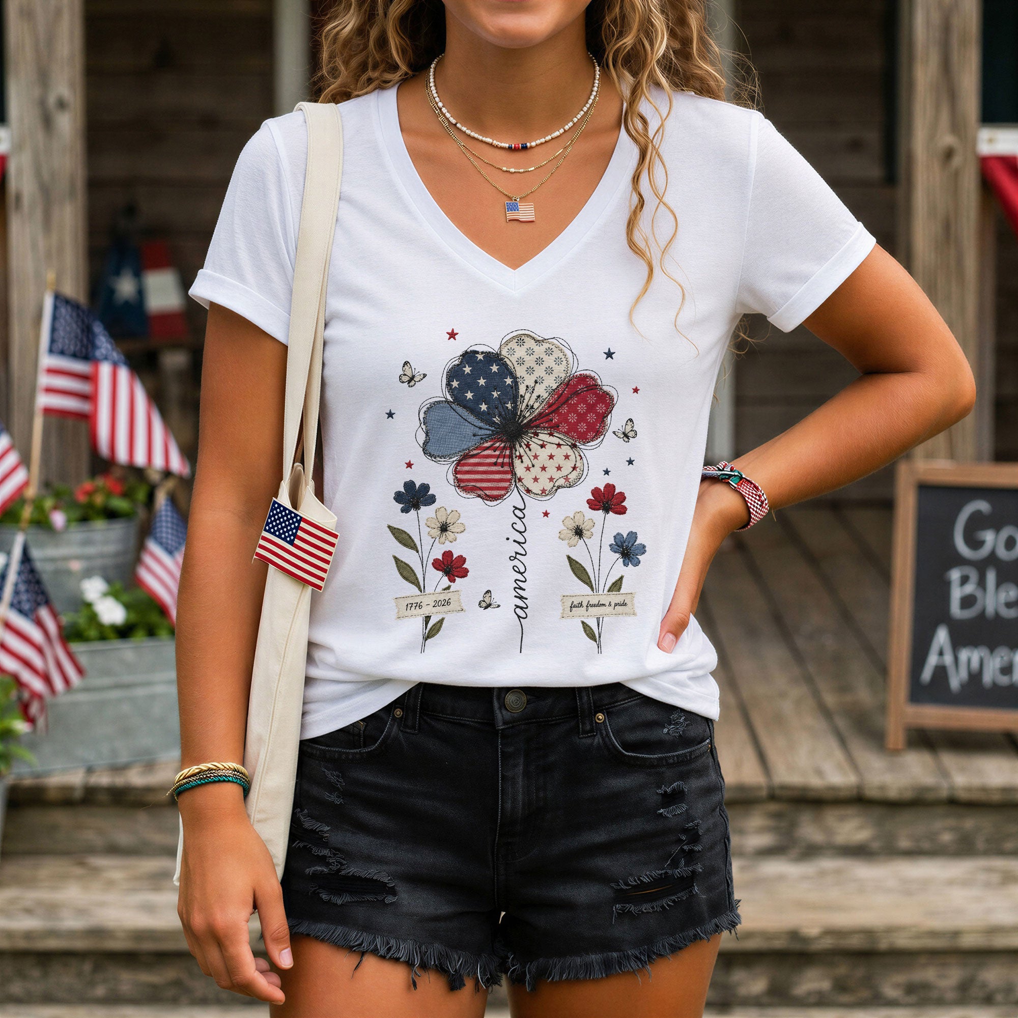Patriotic V-Neck T-Shirt – Vintage Floral 1776-2026 Anniversary Graphic Tee for Women - Rust Field Wear