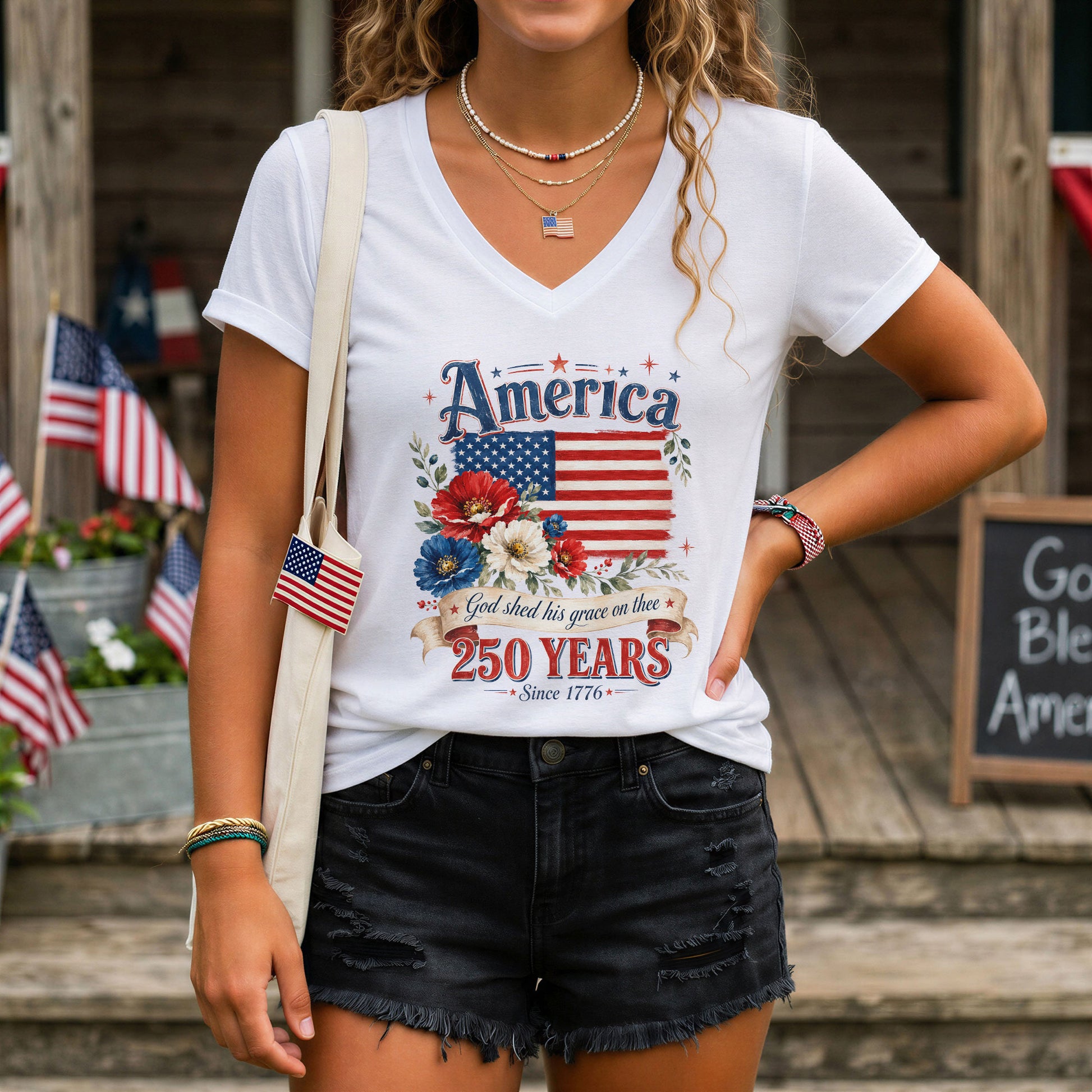 250 Years Since 1776 V-Neck T-Shirt – God Shed His Grace on Thee Patriotic Graphic - Rust Field Wear