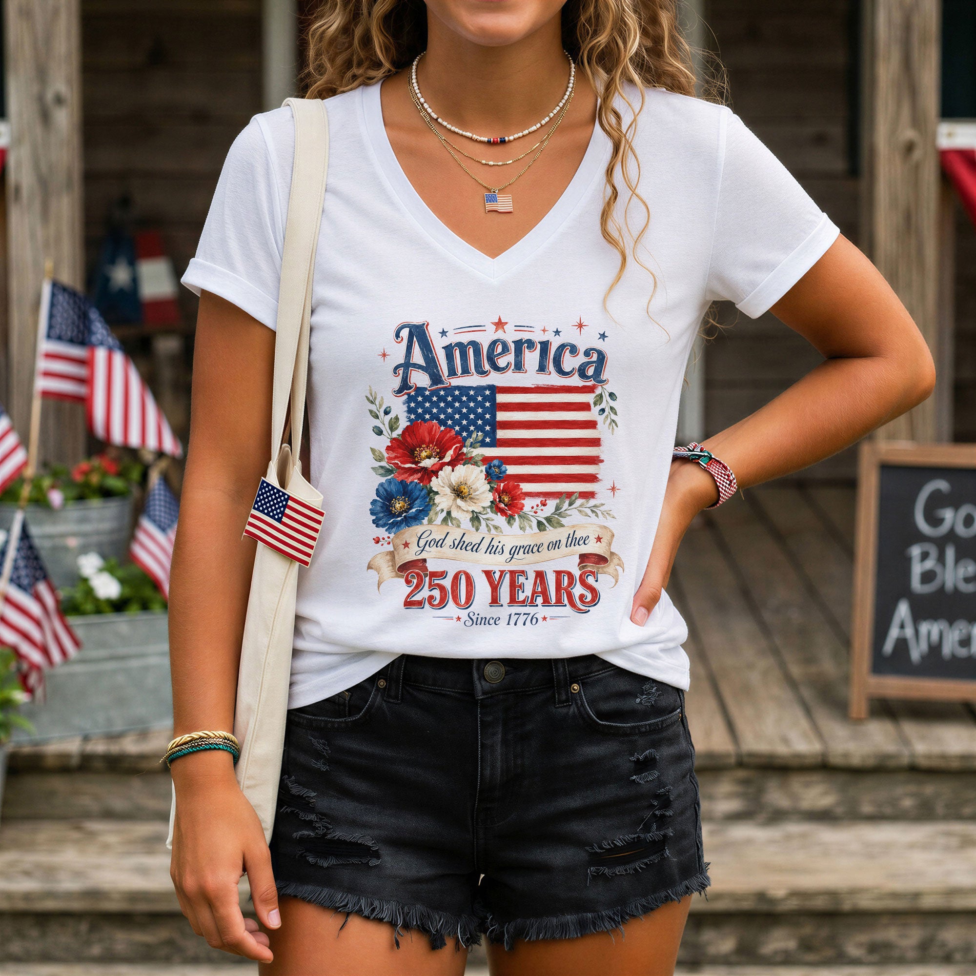 250 Years Since 1776 V-Neck T-Shirt – God Shed His Grace on Thee Patriotic Graphic - Rust Field Wear