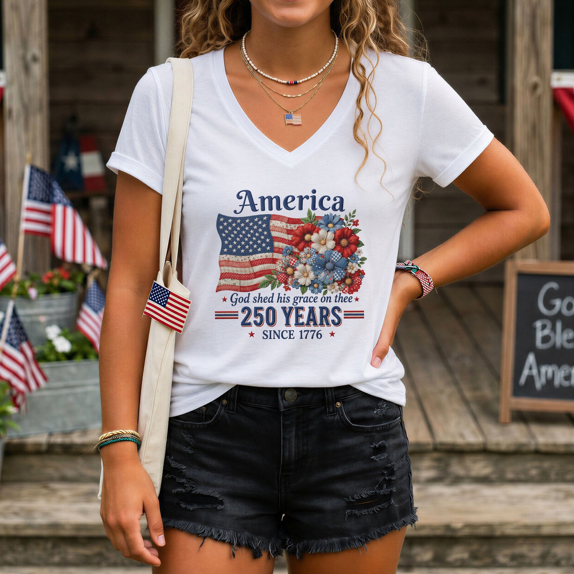 Patriotic Floral V-Neck T-Shirt – 250 Years Since 1776 God Shed His Grace on Thee - Rust Field Wear