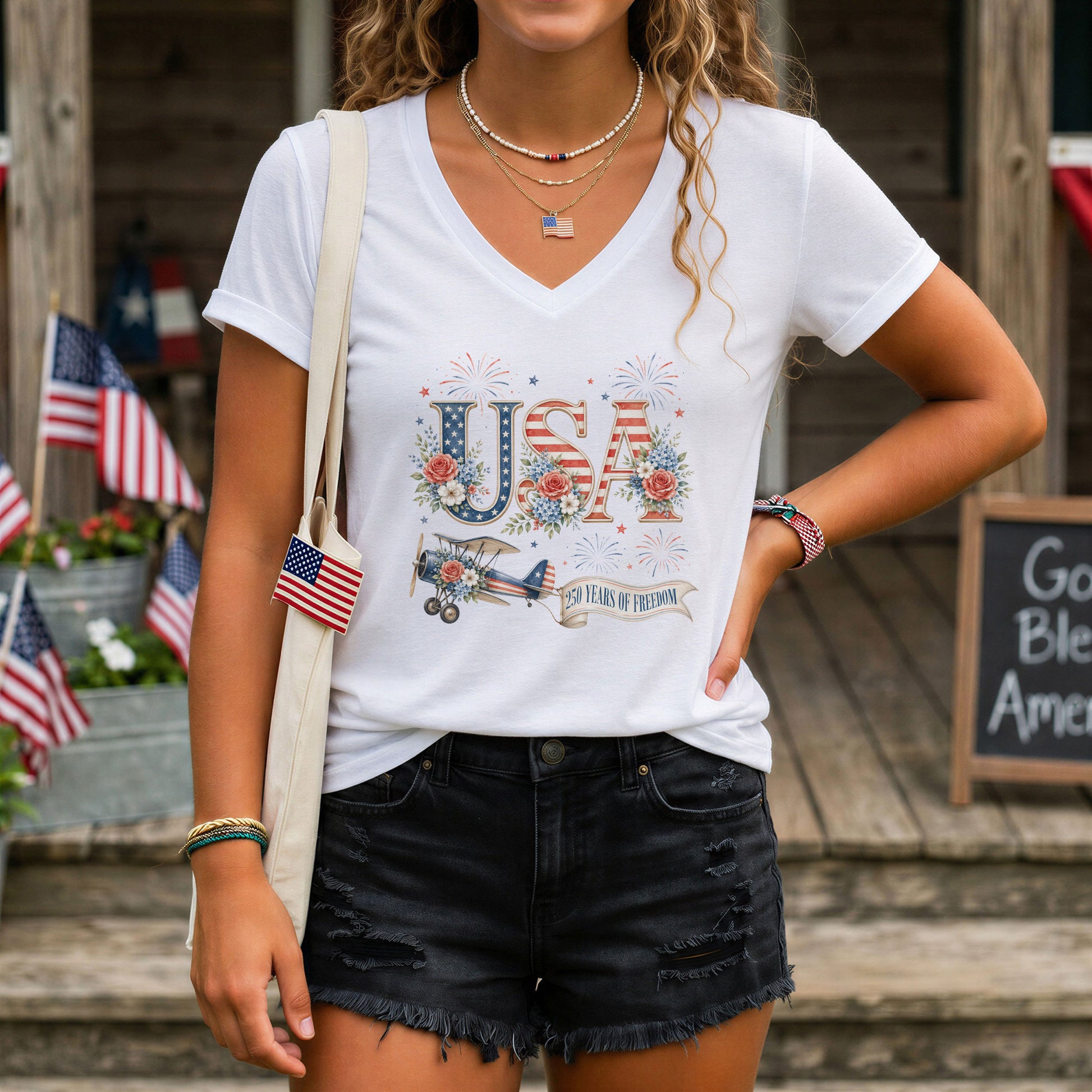 Floral USA 250 Years of Freedom V-Neck Tee – Patriotic Women's Anniversary Graphic - Rust Field Wear
