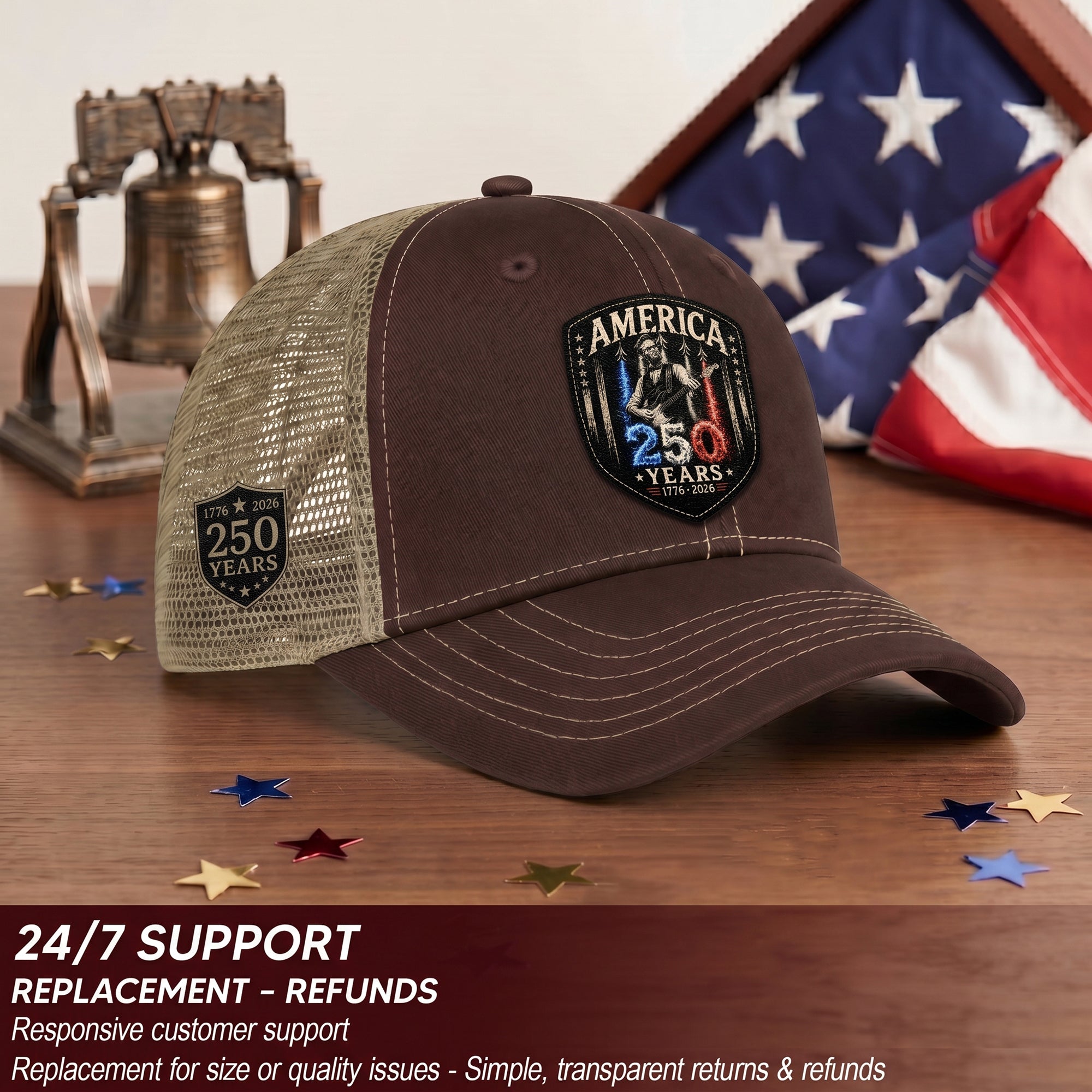 Leather Patch Hat Abraham Lincoln Guitar 1776-2026 Anniversary Cap Patriotic Brown Mesh