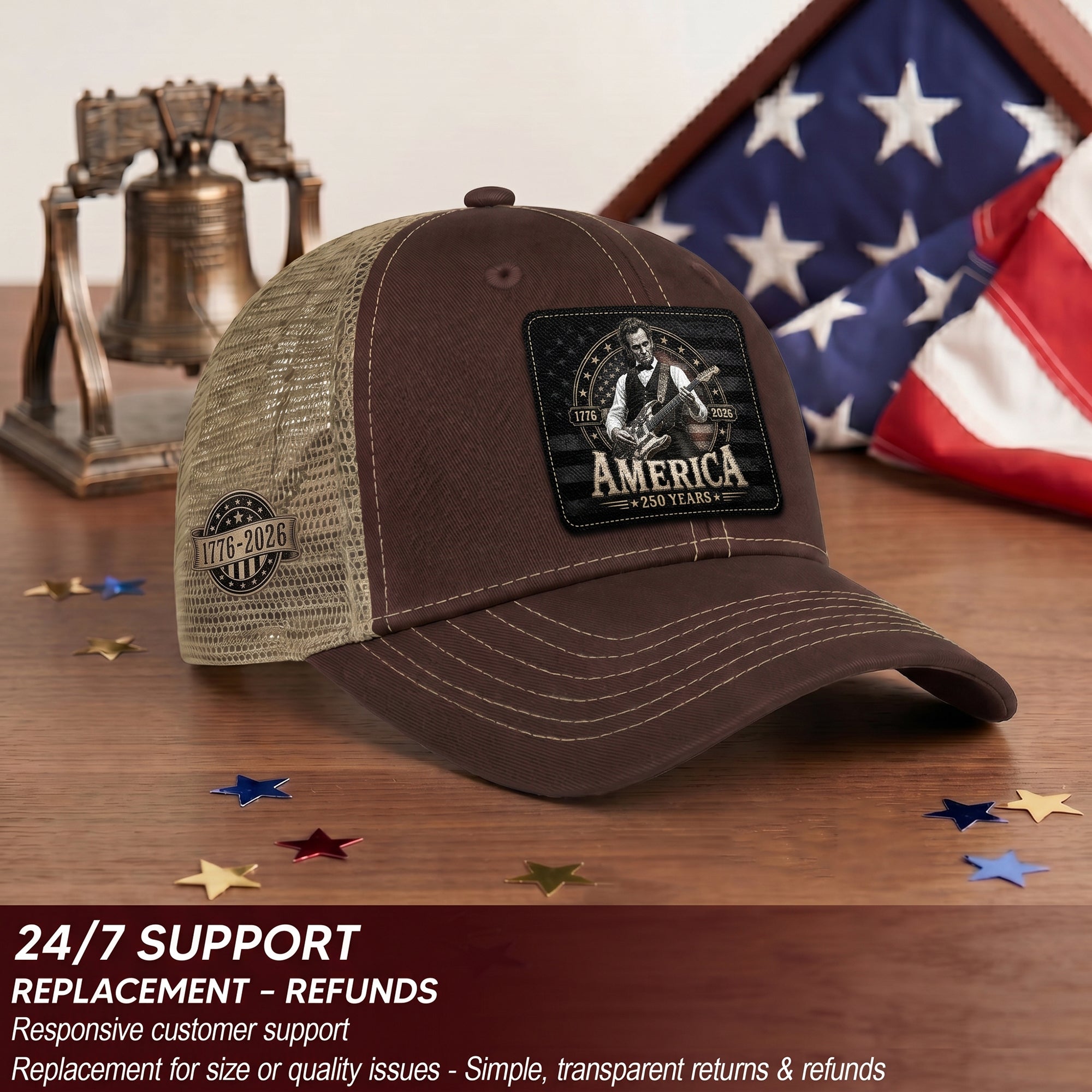 Brown Mesh Cap Abraham Lincoln Guitar 1776-2026 Anniversary Leather Patch Patriotic Hat