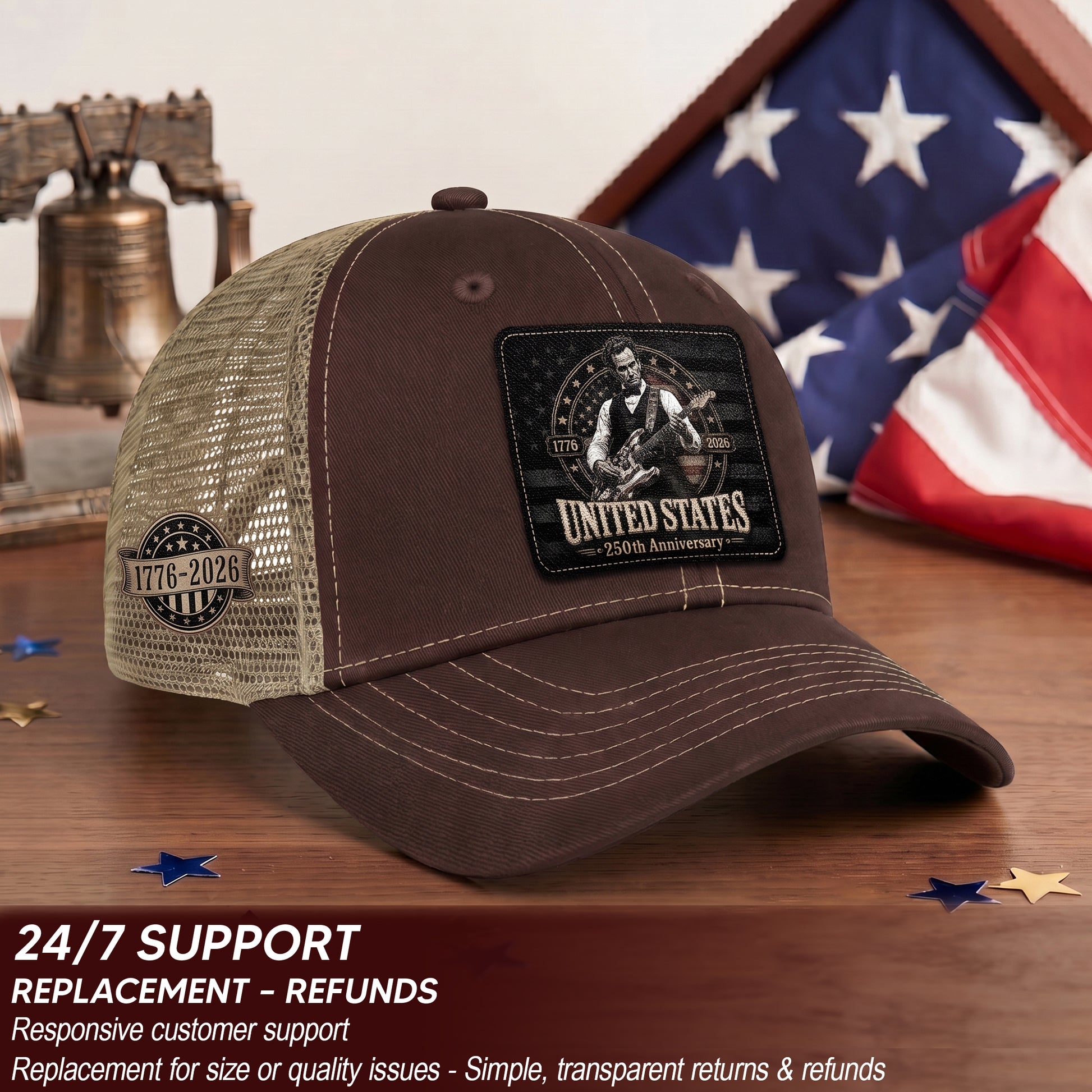Brown Mesh Cap Abraham Lincoln Guitar 1776-2026 Anniversary Leather Patch Patriotic Hat - Rust Field Wear