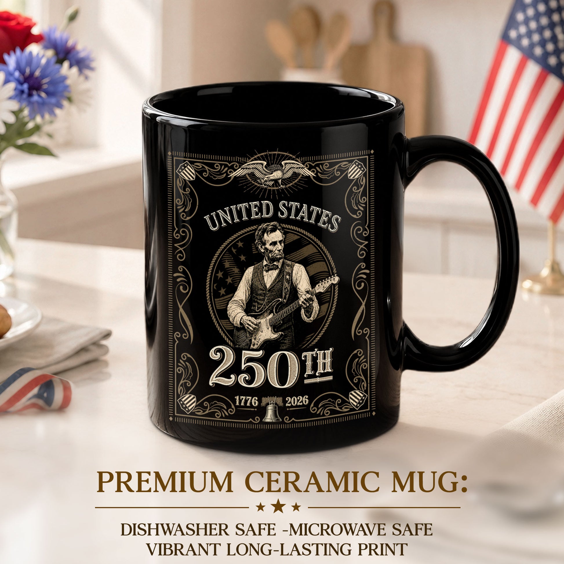 America's 250th Anniversary 1776-2026 Abraham Lincoln Guitar Patriotic Mug - Rust Field Wear