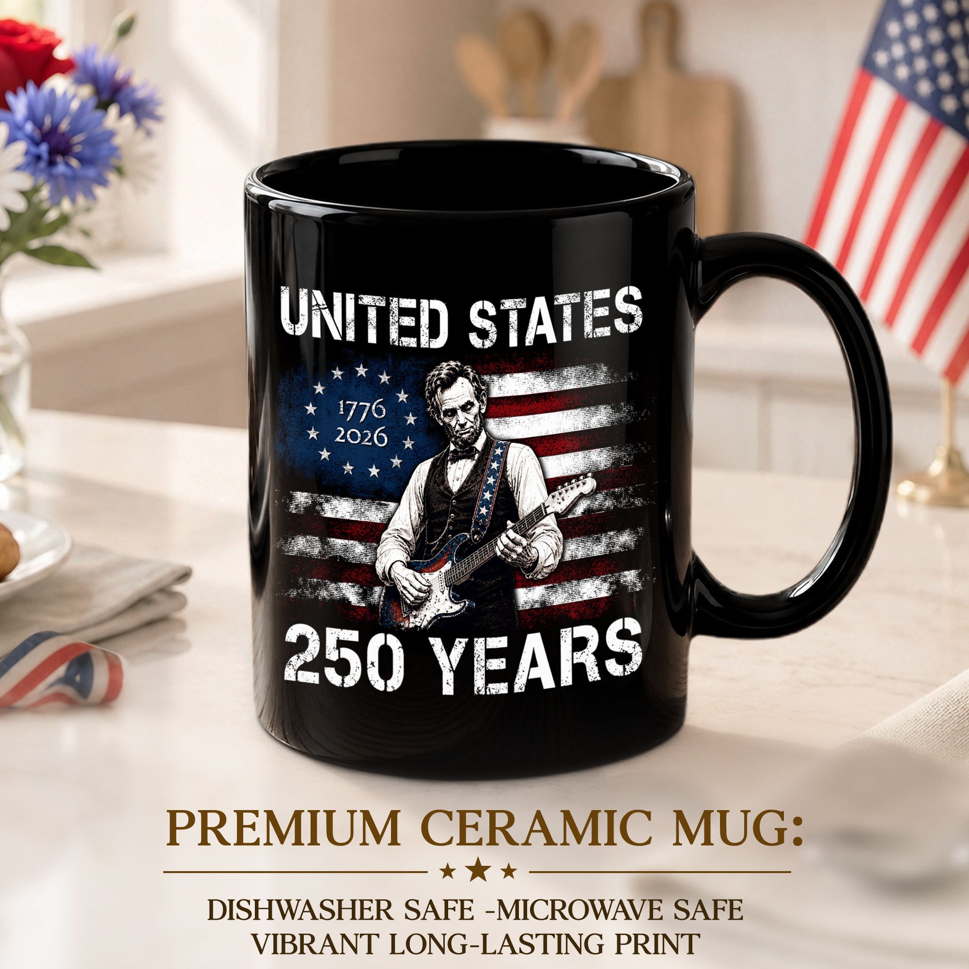Abraham Lincoln Guitar 1776-2026 Anniversary Mug - Patriotic Drinkware for History Fans - Rust Field Wear