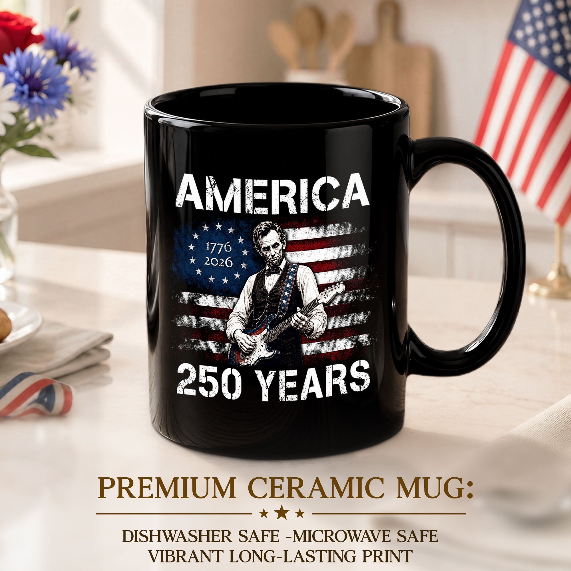 Mug: America 250 Years 1776-2026 Abraham Lincoln Guitar Patriotic Anniversary Gift