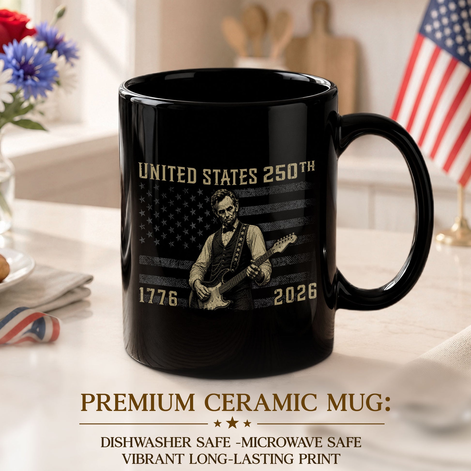 America 250th Anniversary 1776-2026 Abraham Lincoln Guitar Patriotic Mug Keepsake - Rust Field Wear