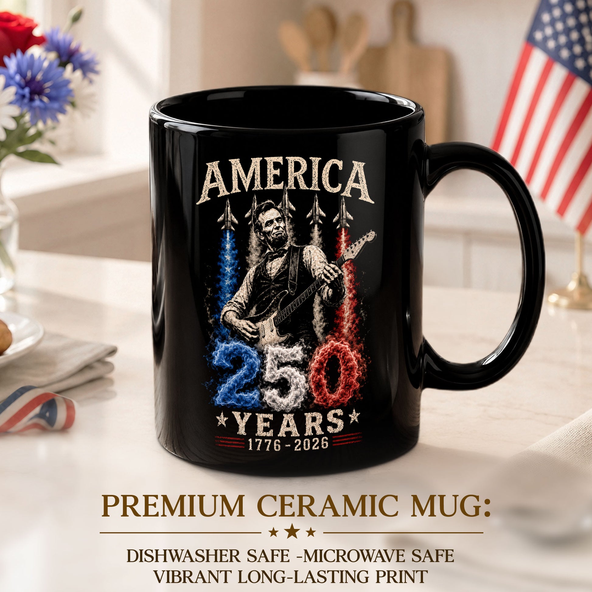 250 Years 1776 2026 Mug Abraham Lincoln Fighter Jet Patriotic American Ceramic Cup - Rust Field Wear