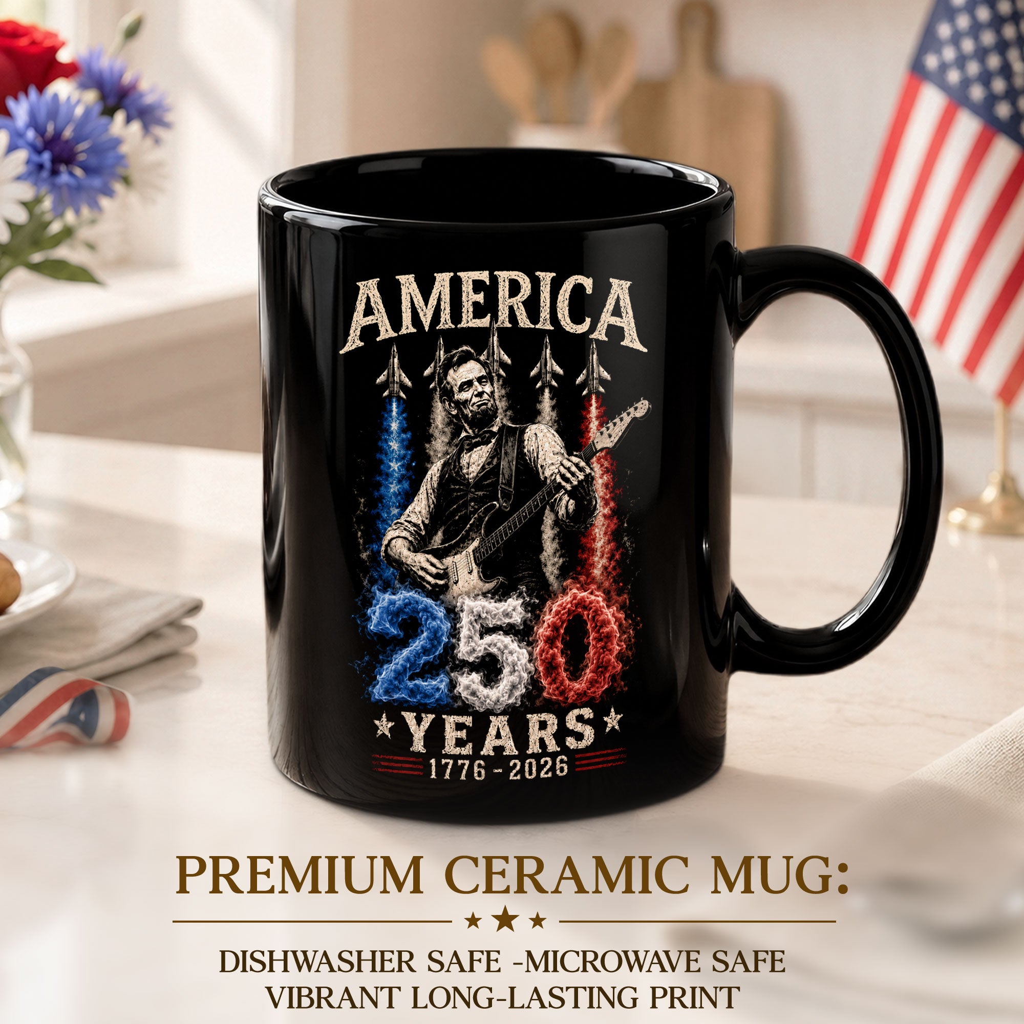 250 Years 1776 2026 Mug Abraham Lincoln Fighter Jet Patriotic American Ceramic Cup