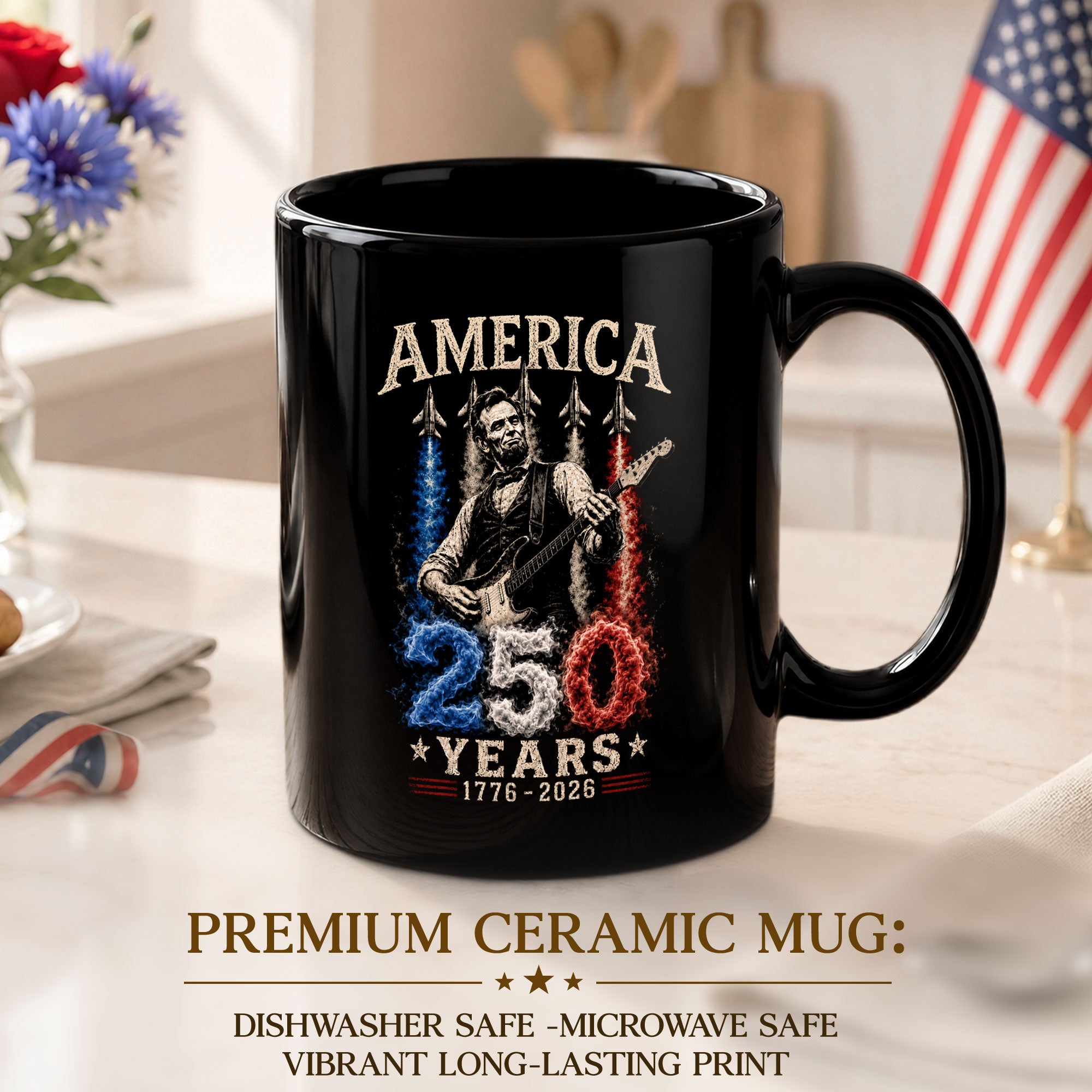 250 Years 1776 2026 Mug Abraham Lincoln Fighter Jet Patriotic American Ceramic Cup