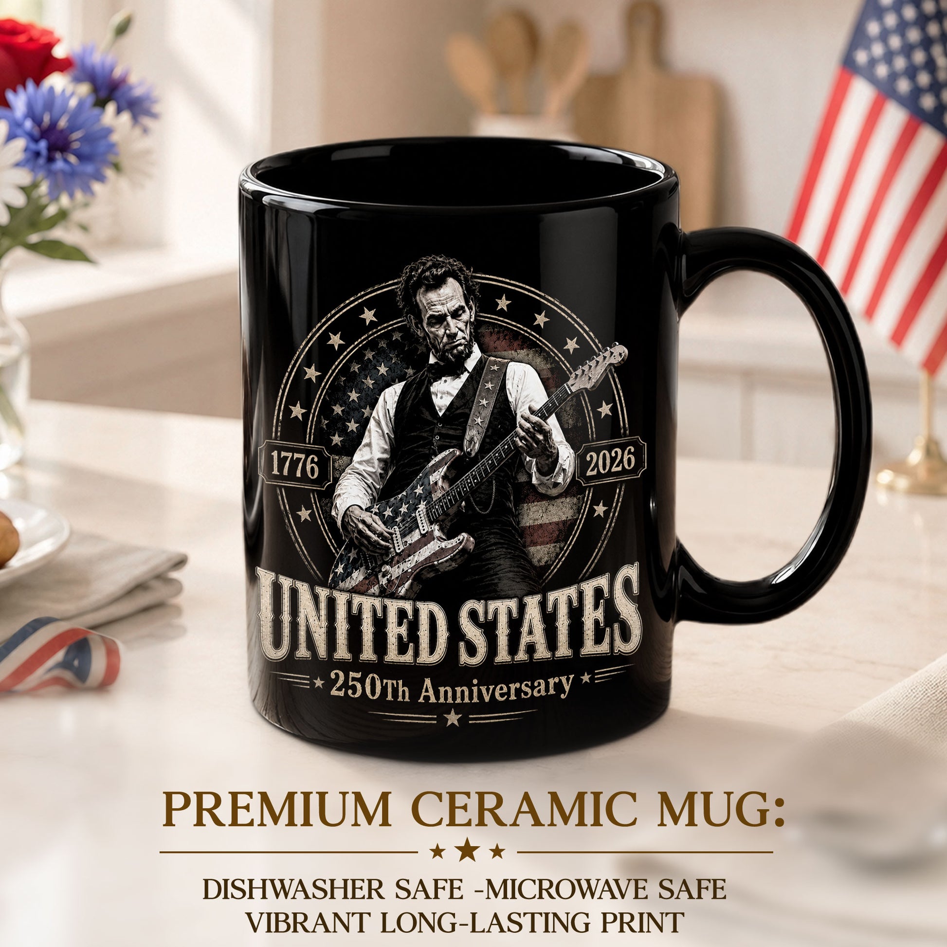 250 Years 1776 2026 Mug Abraham Lincoln Rock Guitar Patriotic Patriotic Ceramic Cup - Rust Field Wear