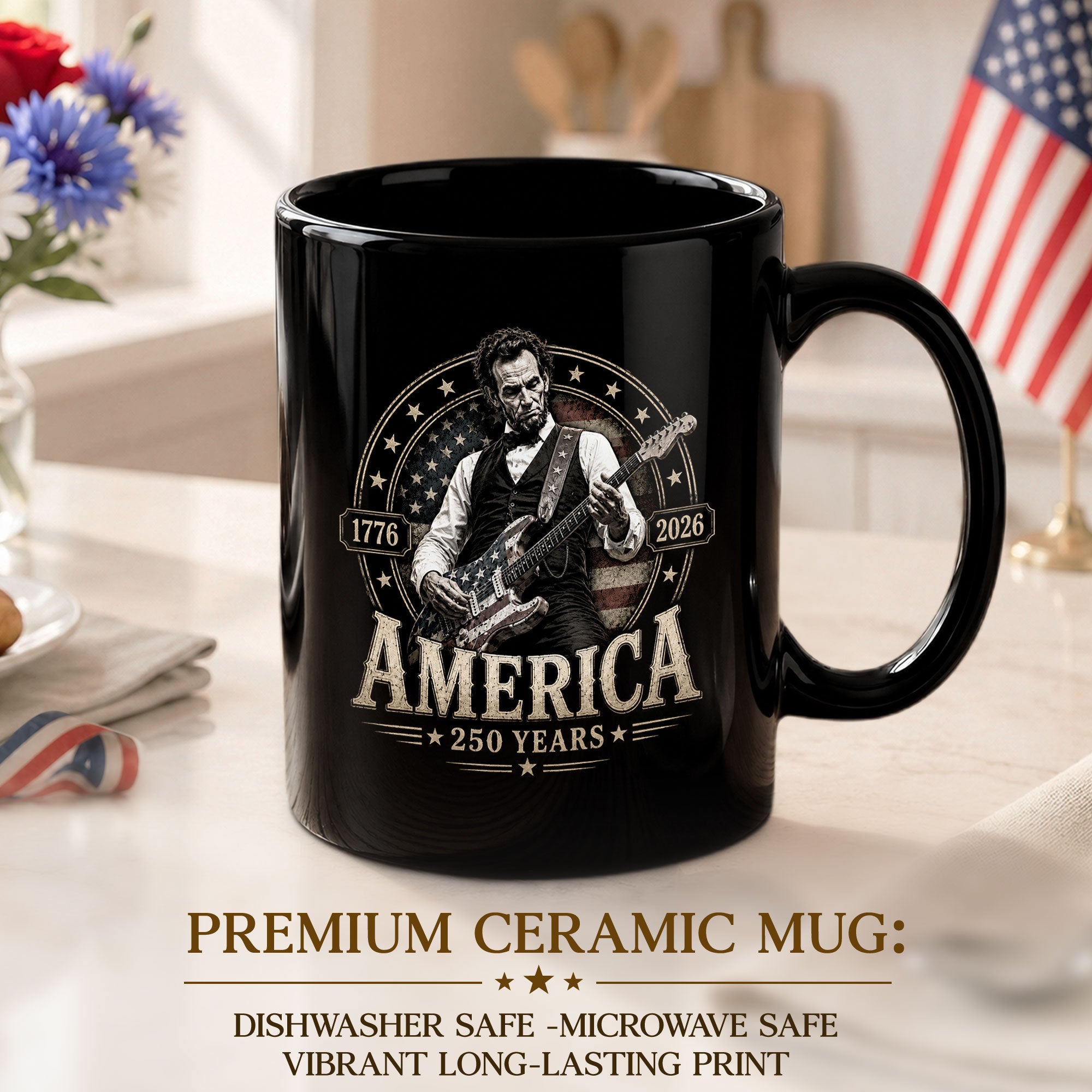 250 Years 1776 2026 Mug Abraham Lincoln Rock Guitar Patriotic Patriotic Ceramic Cup