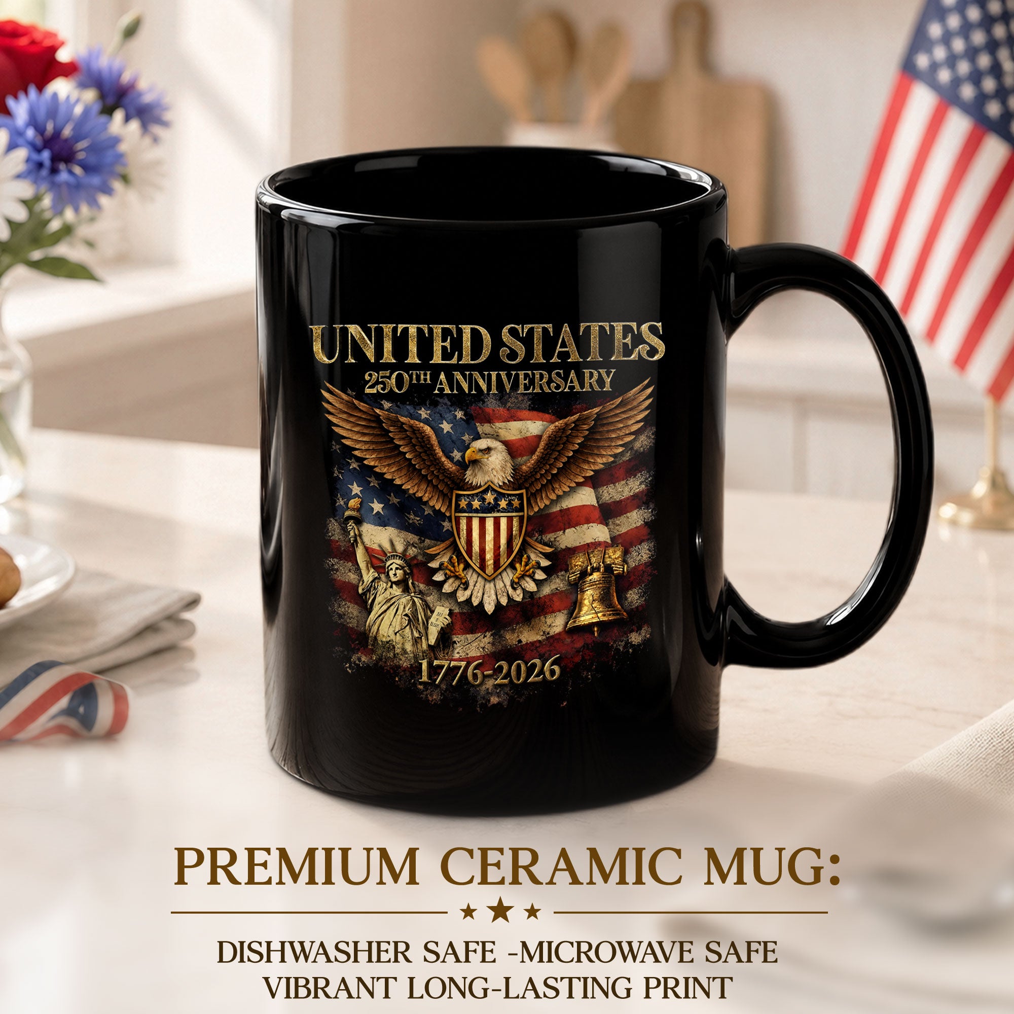 USA 250 Years 1776-2026 Patriotic Symbols Statue of Liberty Eagle Anniversary Mug