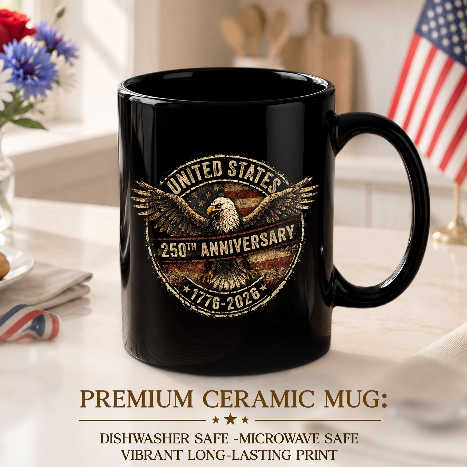 Vintage US 250th Anniversary 1776-2026 American Eagle Flag Commemorative Mug - Rust Field Wear