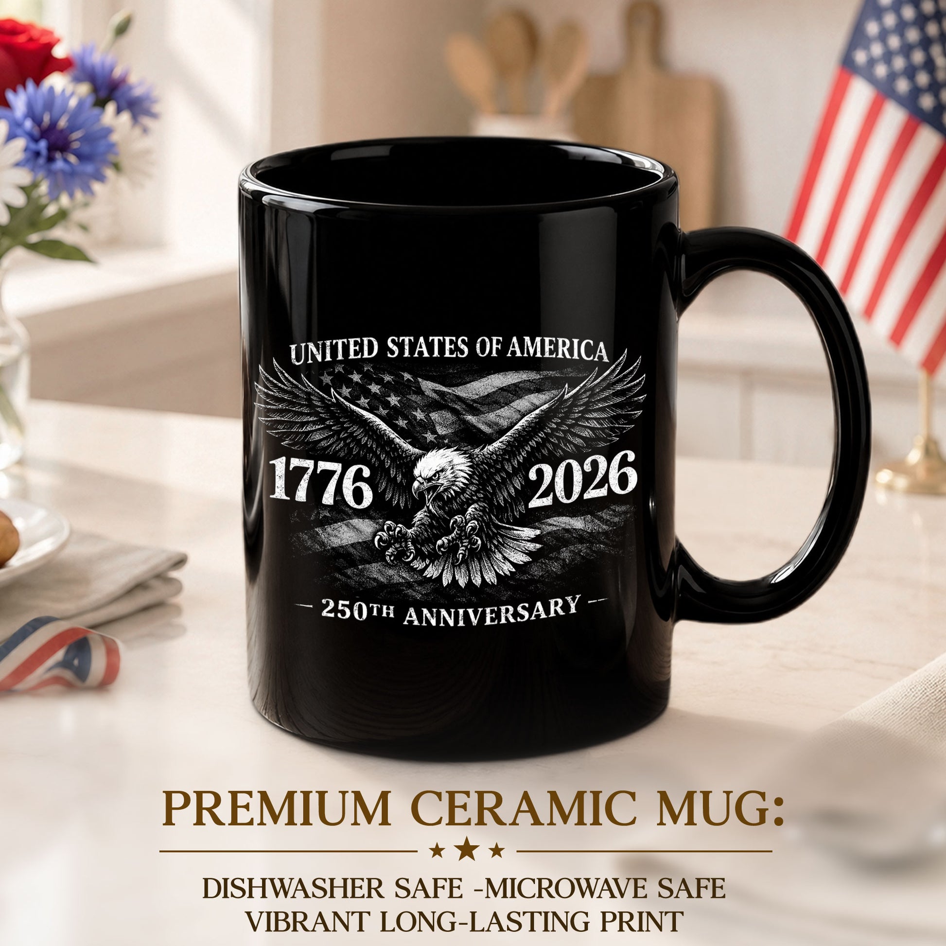 United States 250th Anniversary 1776-2026 Patriotic Eagle Commemorative Black Mug - Rust Field Wear