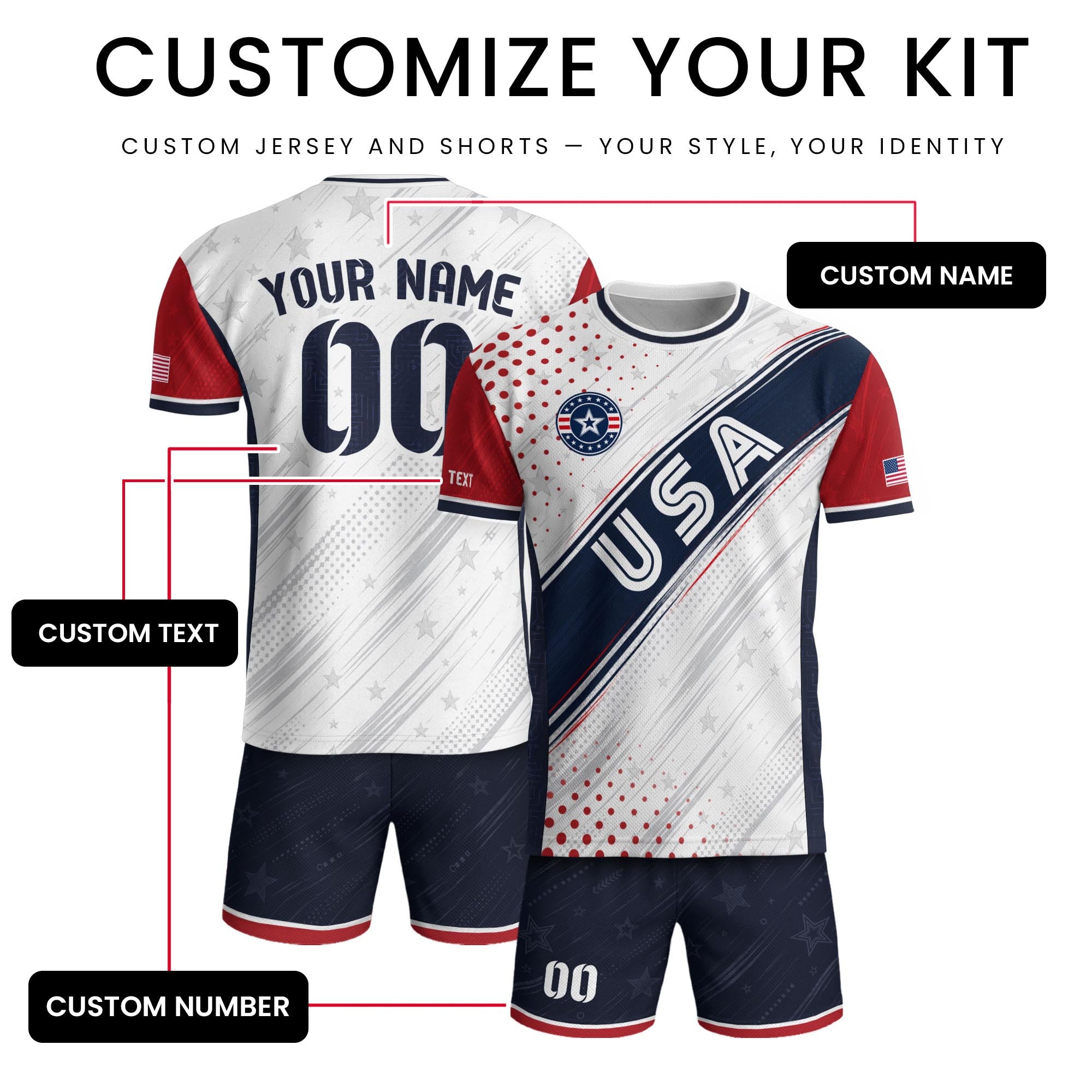Custom Adult White Soccer Jersey - Personalized Name & Number USA Patriotic Sportswear