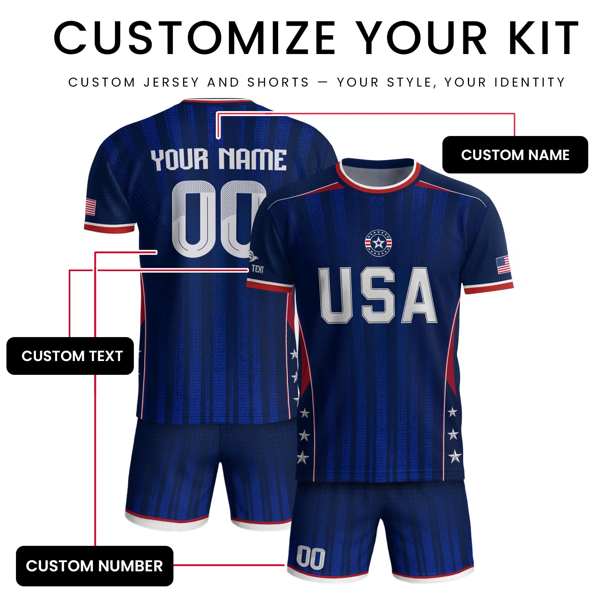Custom Blue USA Soccer Jersey - Personalized Name & Number Patriotic Sports Shirt