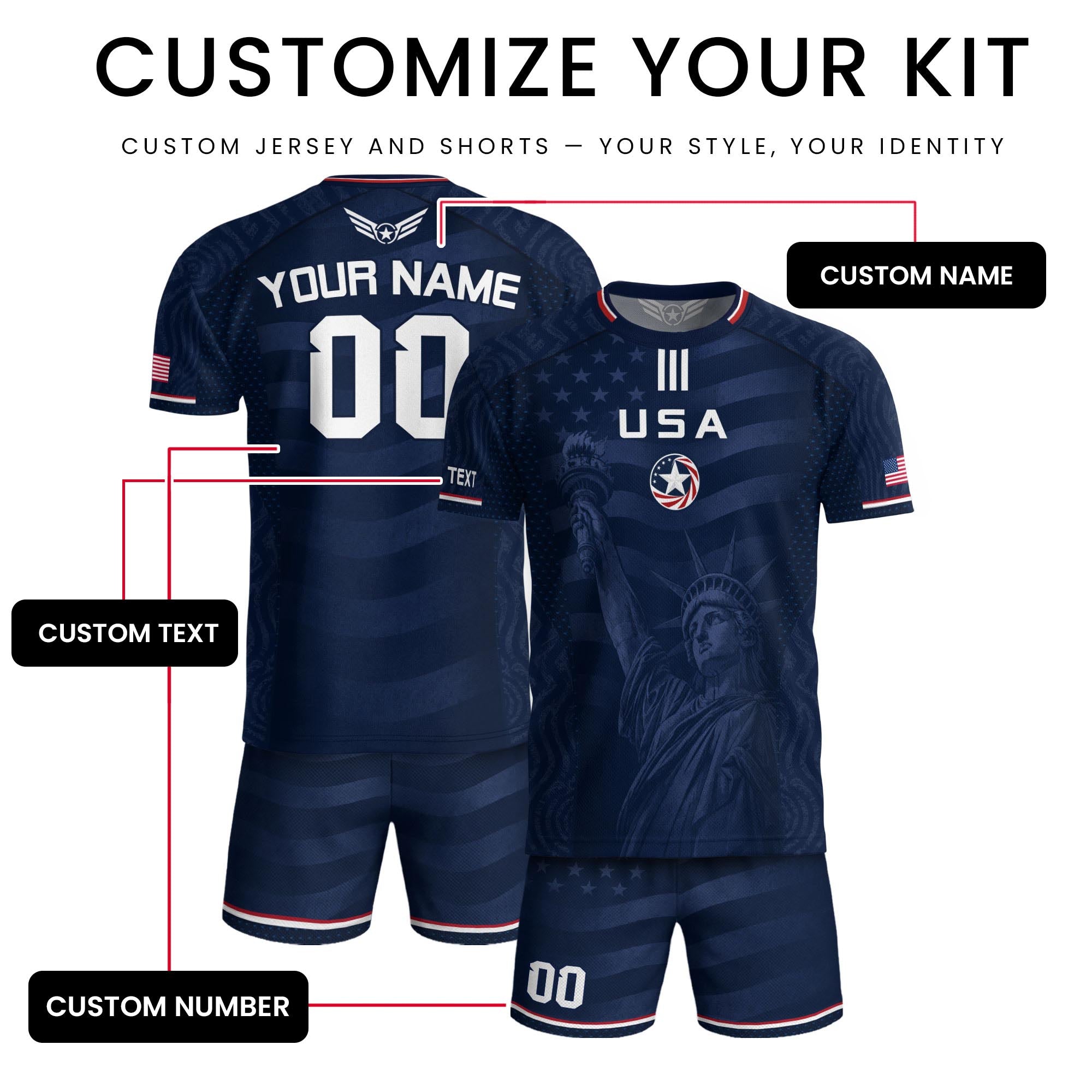 Custom Blue USA Statue of Liberty Soccer Jersey - Personalized Name & Number Shirt