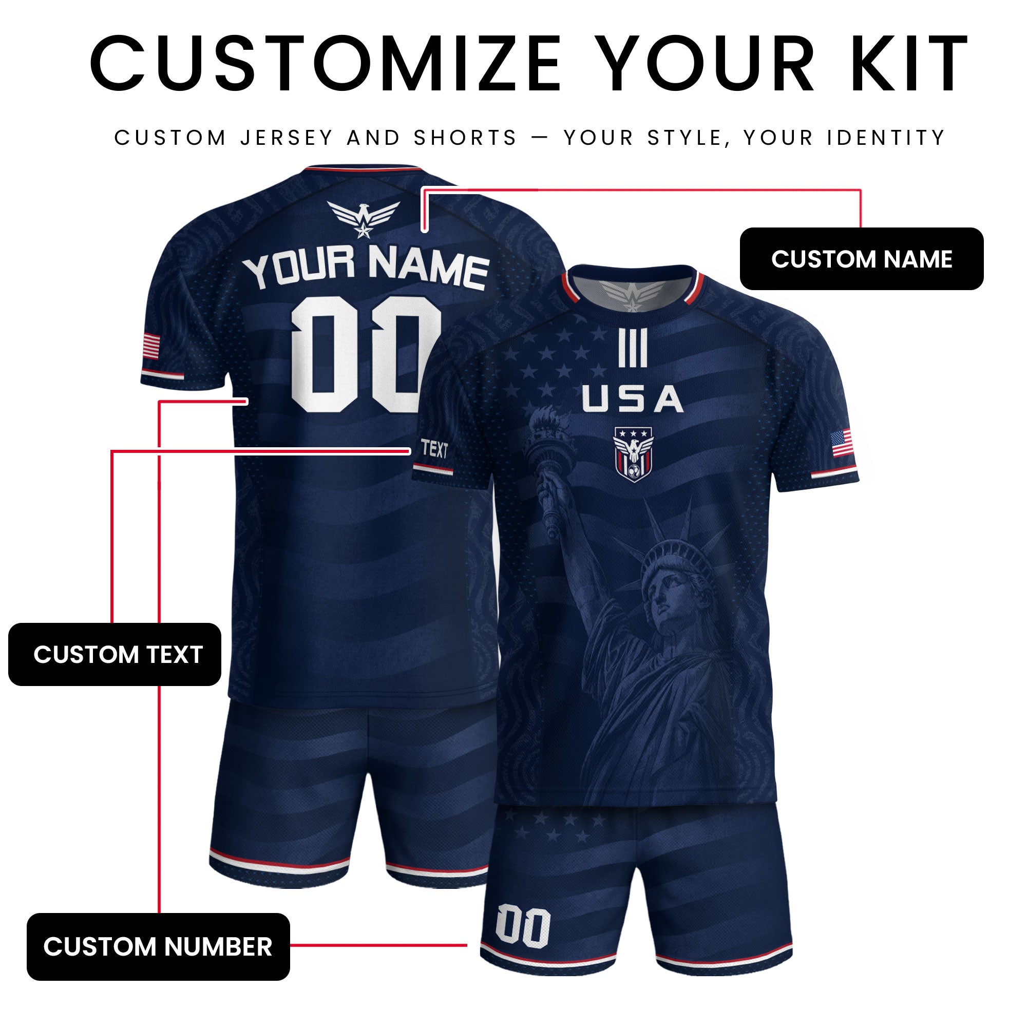 Custom Blue USA Statue of Liberty Soccer Jersey - Personalized Name & Number Shirt