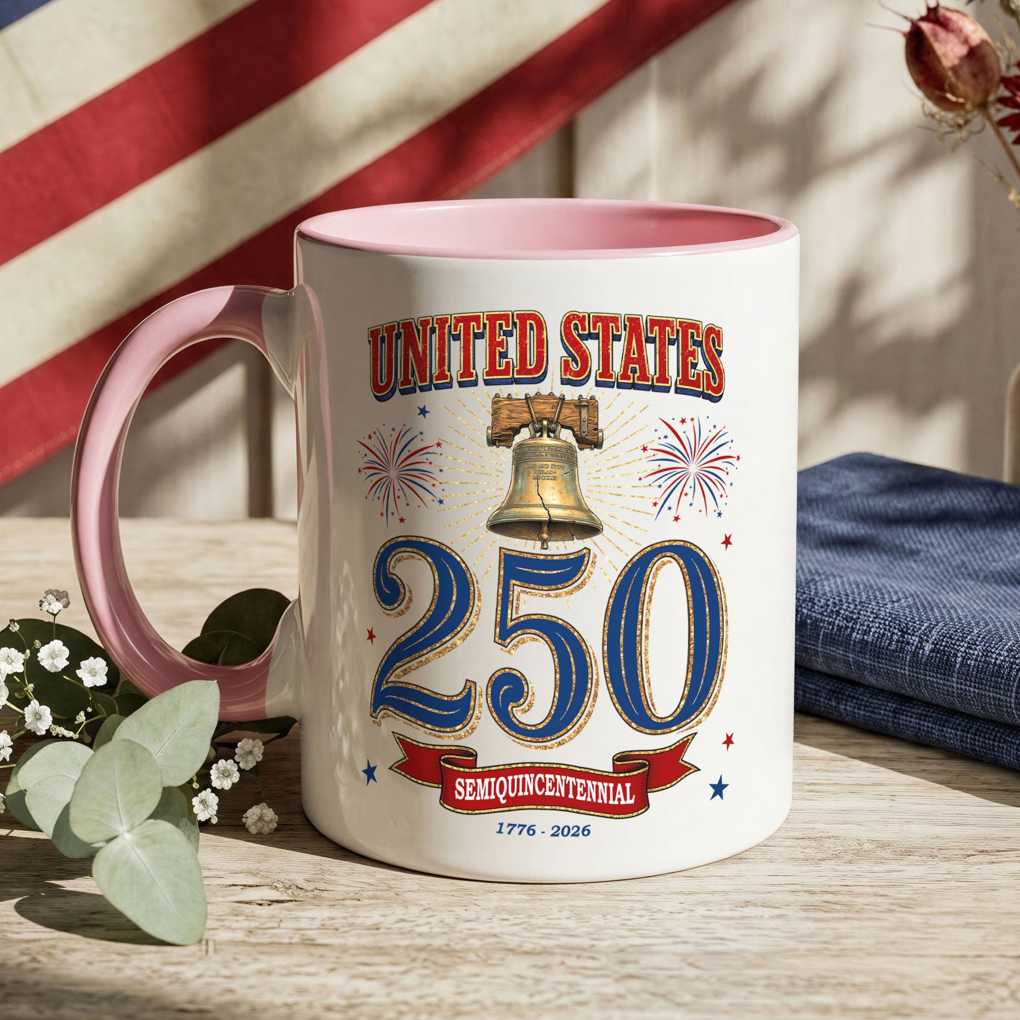 United States 1776 2026 Accent Mug Liberty Bell Patriotic Fireworks Gift Cup