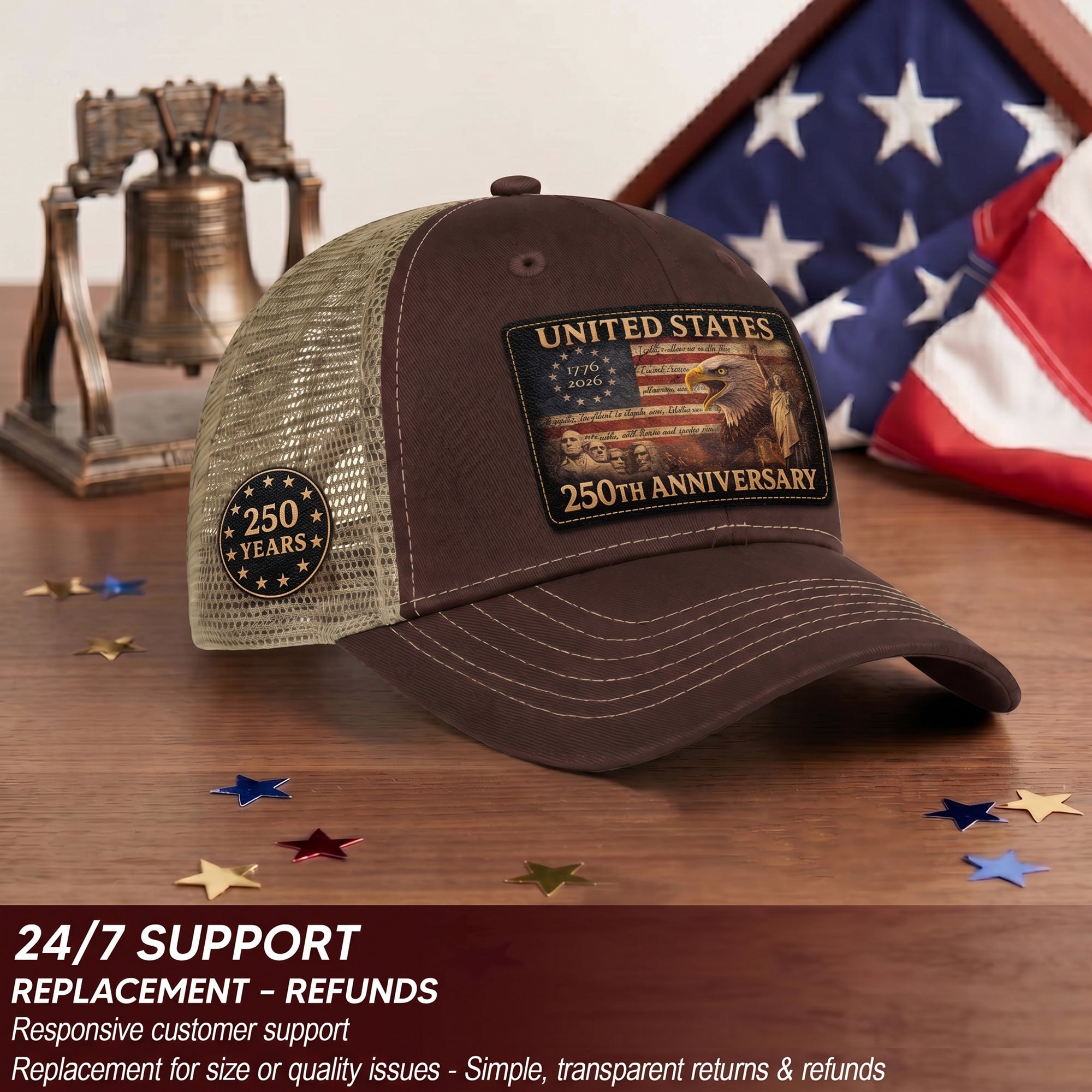 United States 250th Anniversary Leather Patch Hat Patriotic Eagle Mesh Trucker Cap