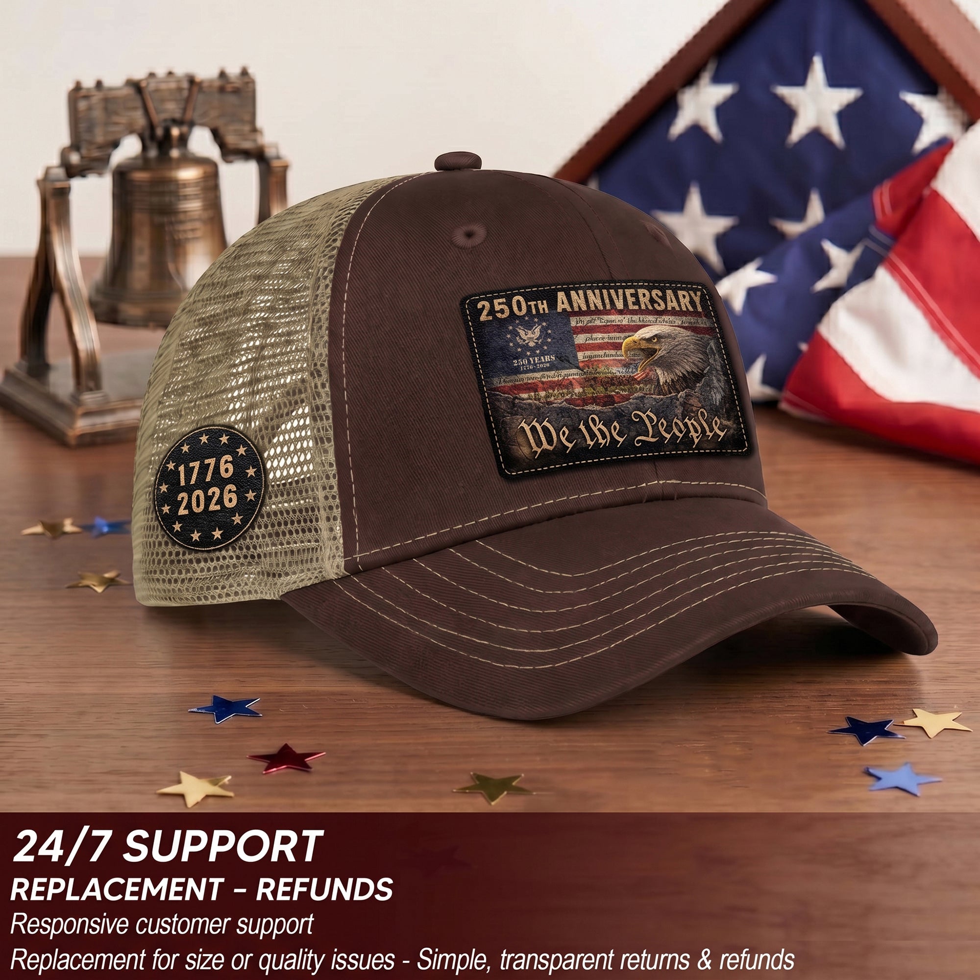 Patriotic Leather Patch Cap We The People 250th Anniversary Graphic Mesh Back Hat