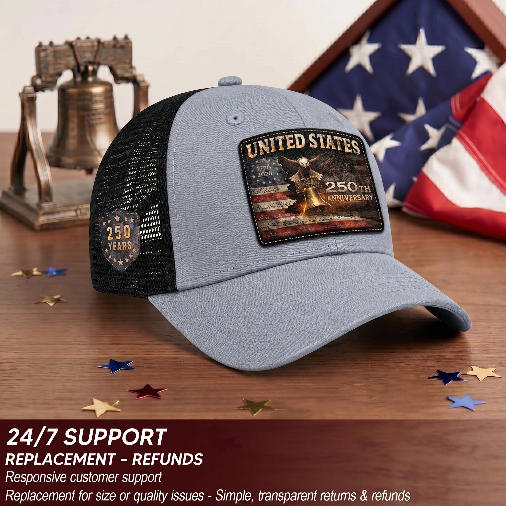 United States 250th Anniversary Leather Patch Hat Patriotic Eagle Bell Mesh Cap
