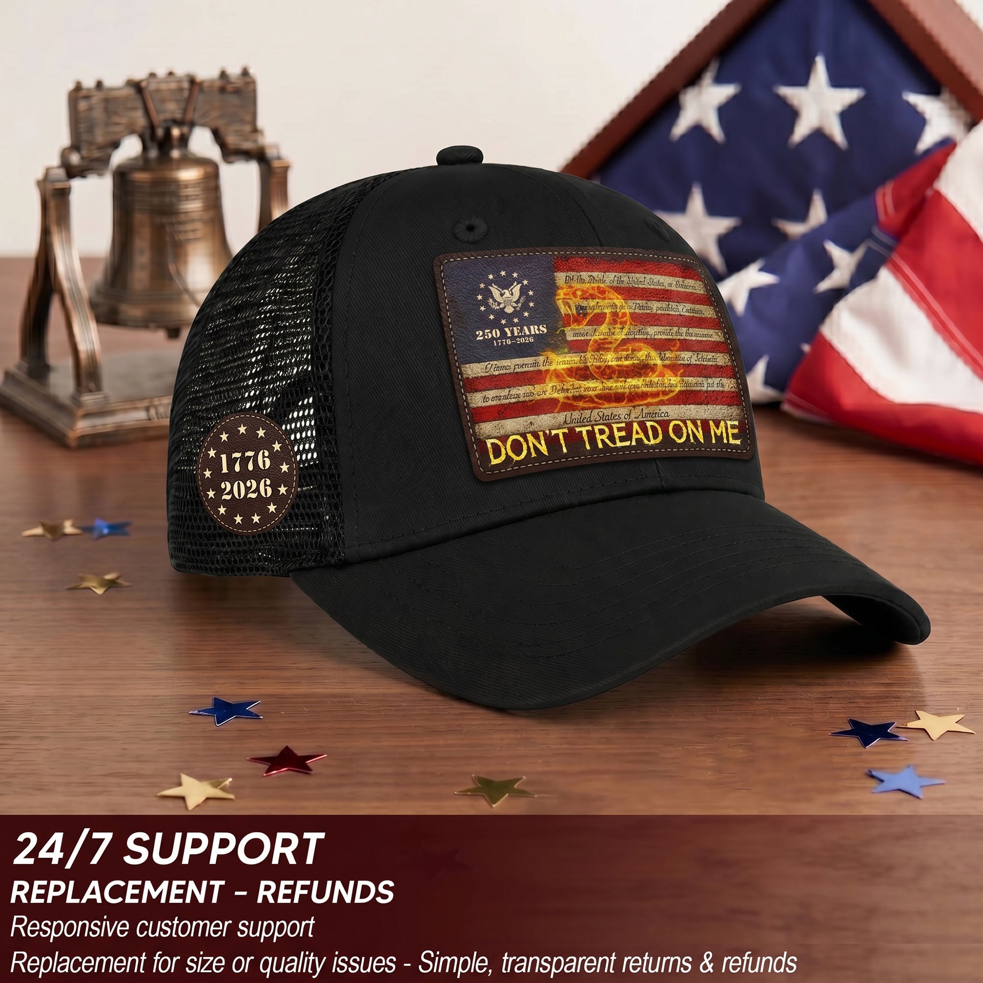 Don’t Tread On Me Leather Patch Hat 250th Anniversary Patriotic Mesh Trucker Cap