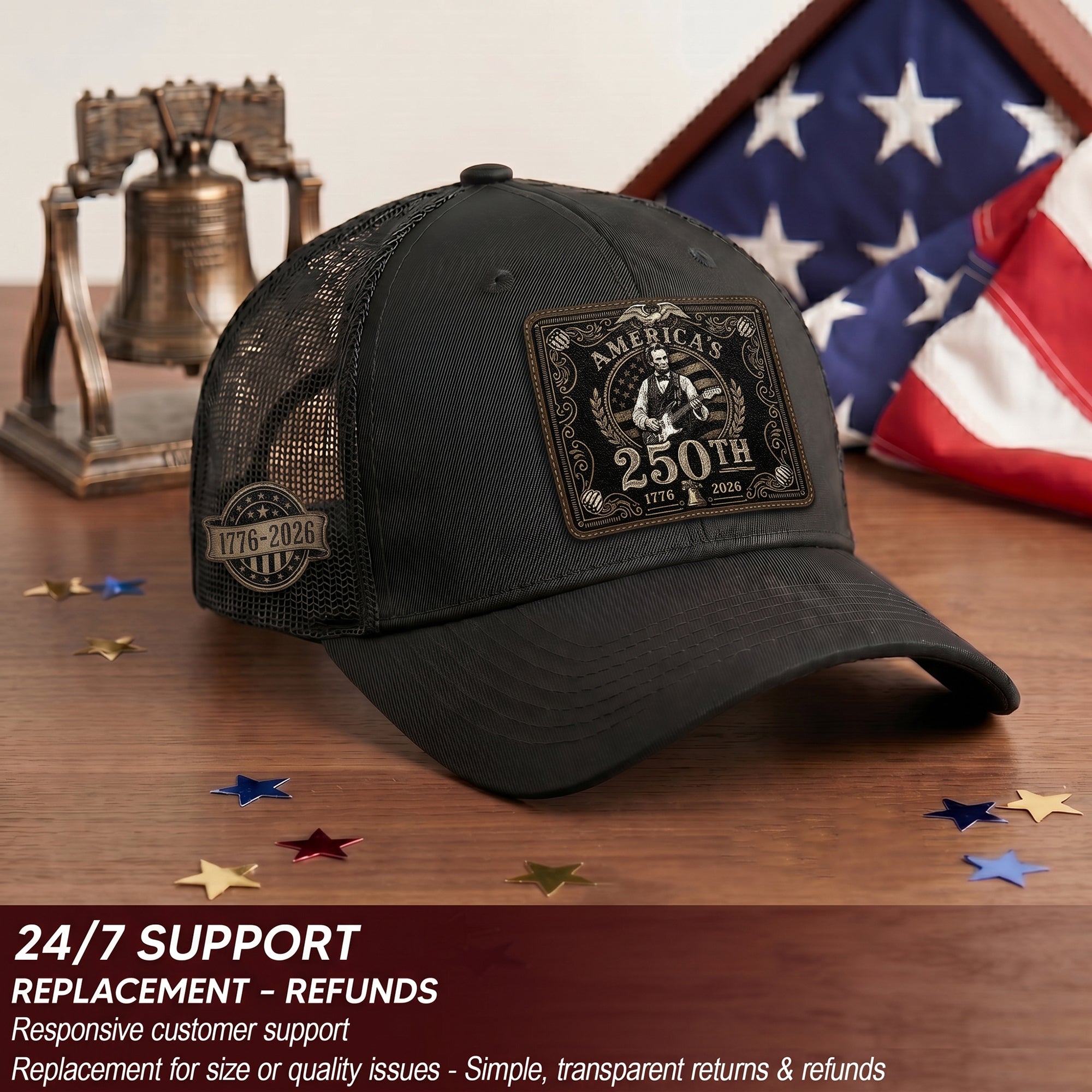 Lincoln Leather Patch Hat America's 250th Anniversary 1776-2026 Patriotic Trucker Cap