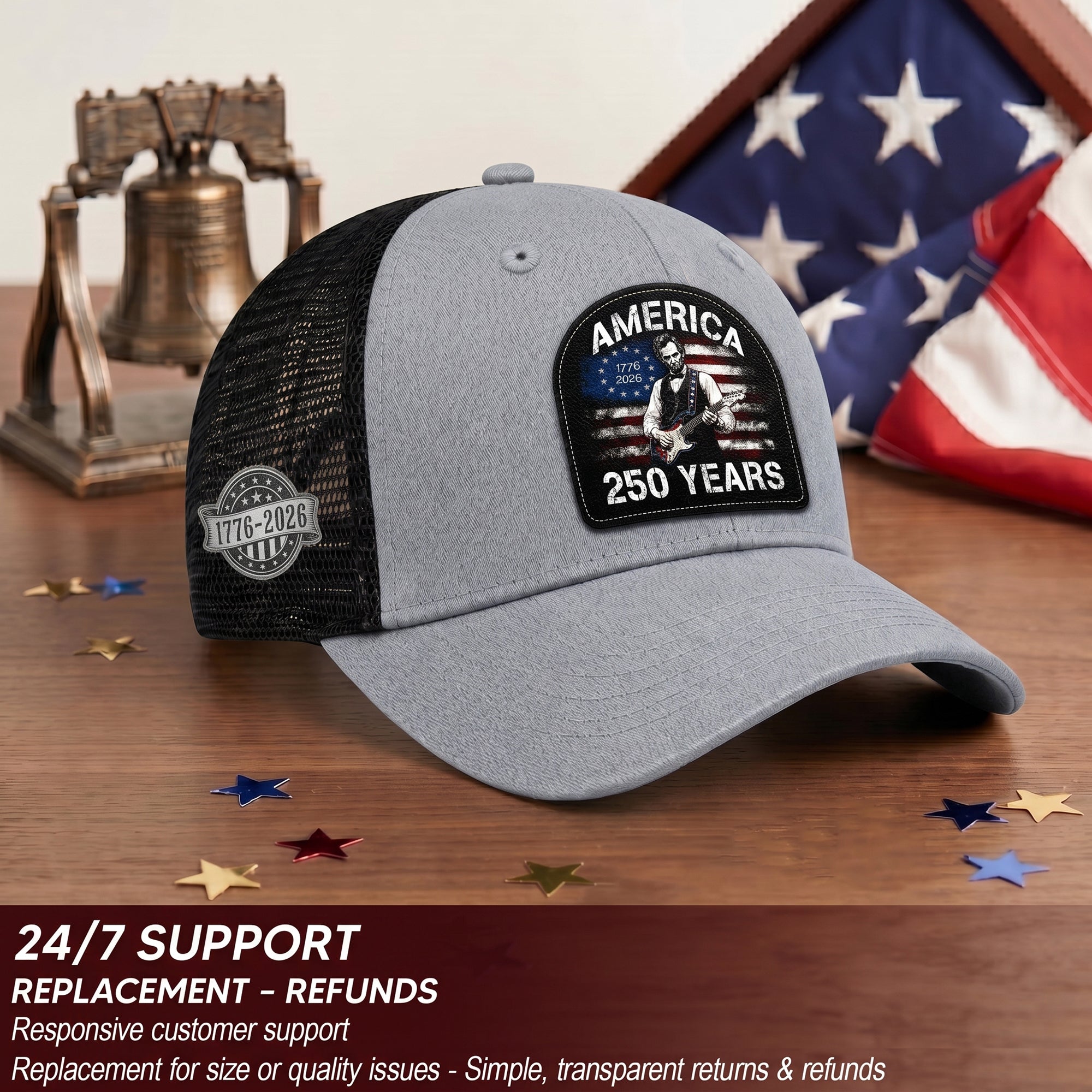 Lincoln Guitar Patch Hat America 250 Years 1776-2026 Patriotic Trucker Cap Mesh Back