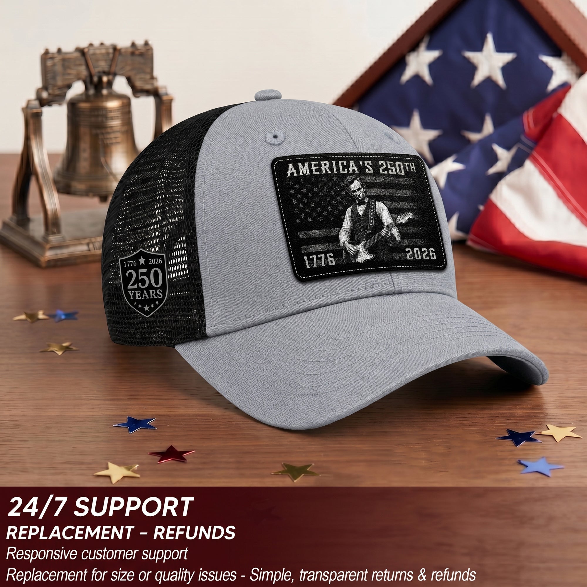 Grey Lincoln Guitar Anniversary Hat 1776-2026 Patriotic Trucker Cap - Iconic Design