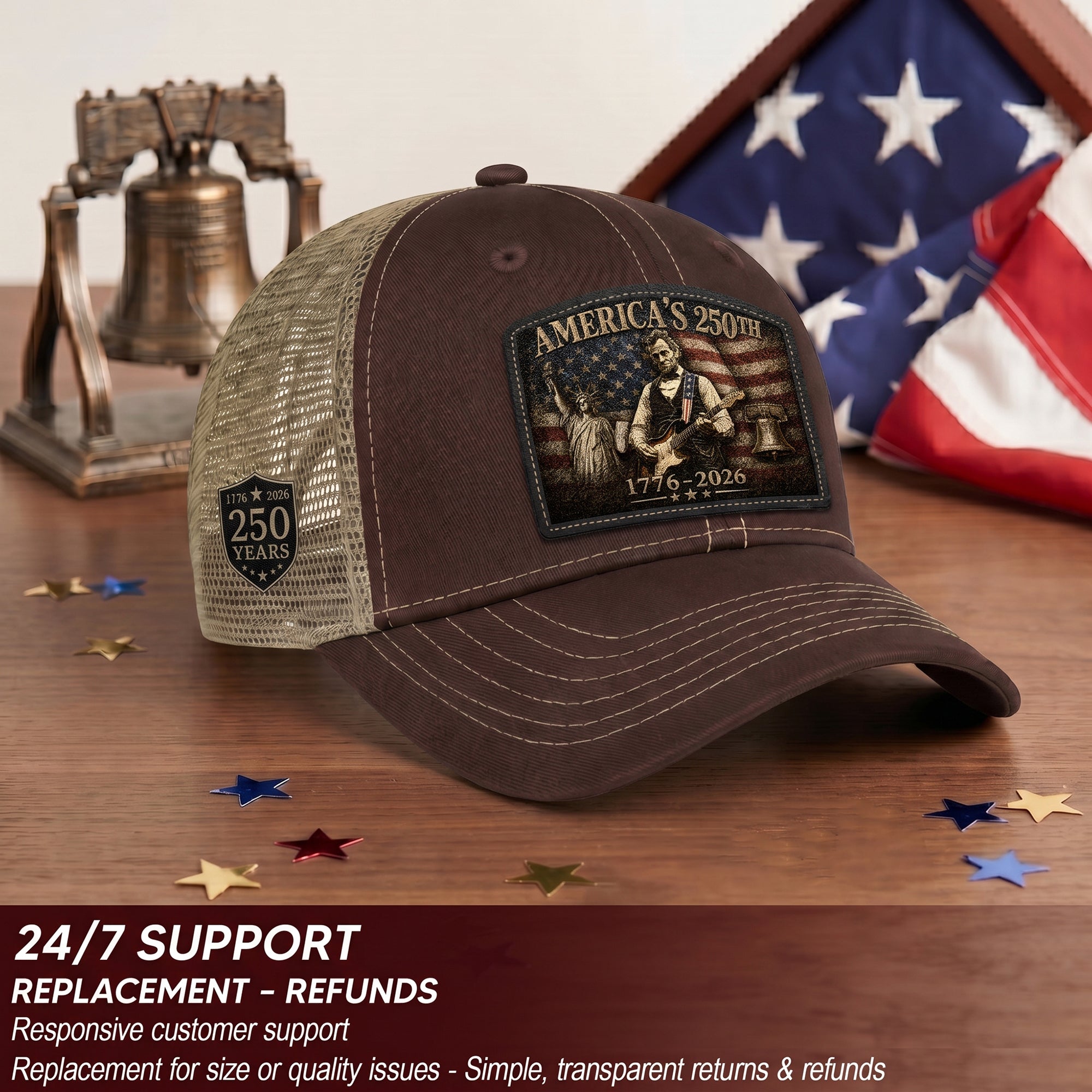 Brown Lincoln Statue Liberty 250th Anniversary Hat 1776-2026 Patriotic Trucker Cap