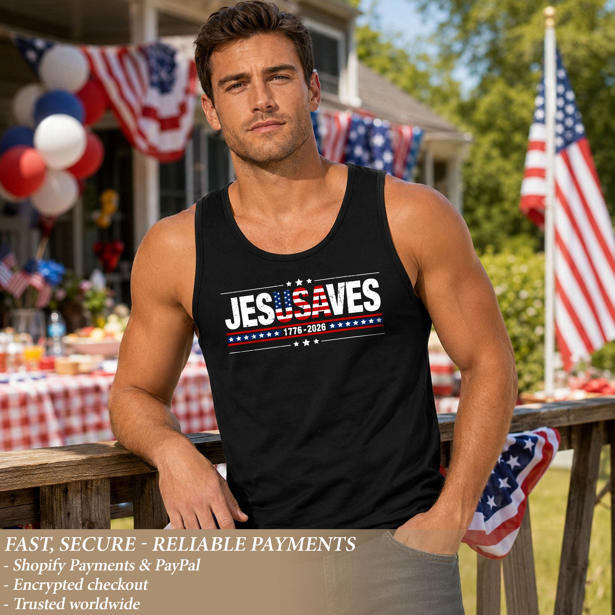 Men's JESUSAVES 1776-2026 Tank Top - Patriotic Graphic Sleeveless Summer Shirt