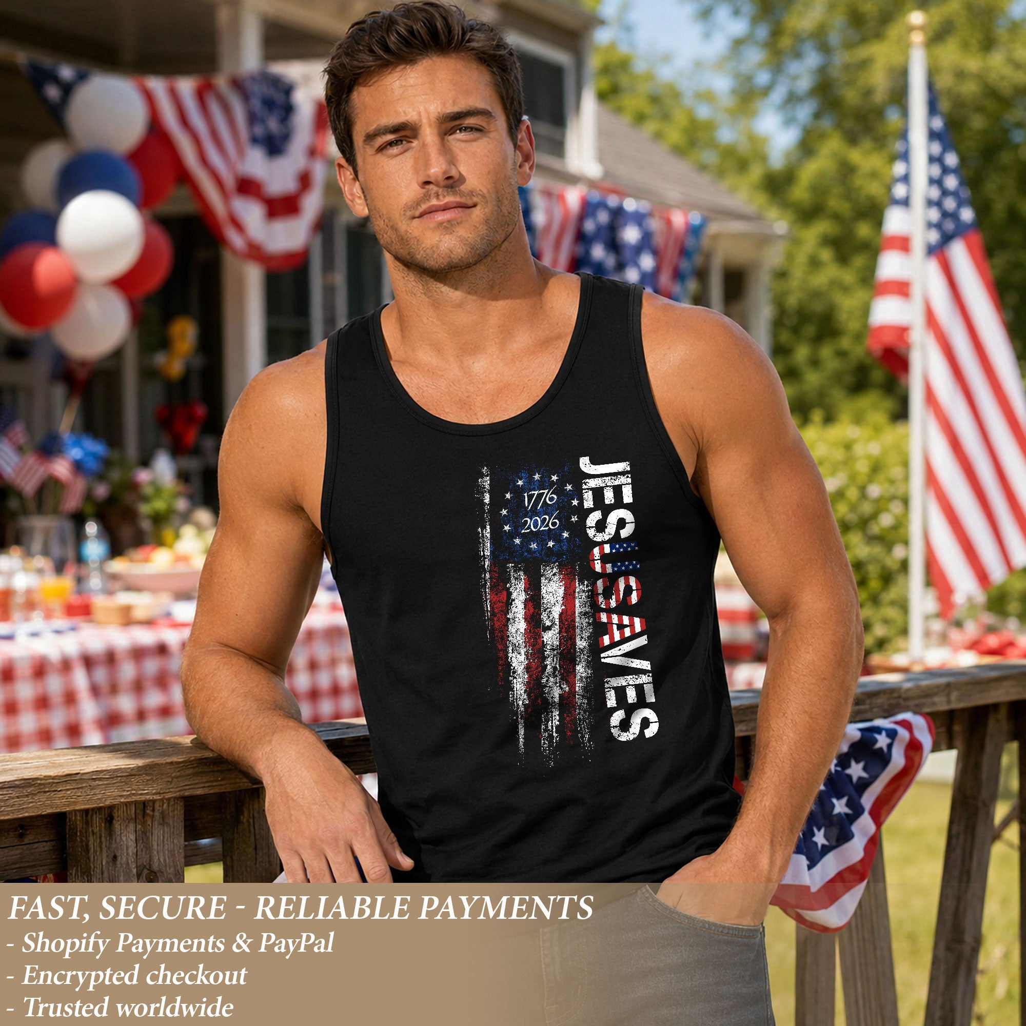 Men's Vertical JESUSAVES 1776-2026 Tank - Patriotic Graphic Sleeveless Summer Top