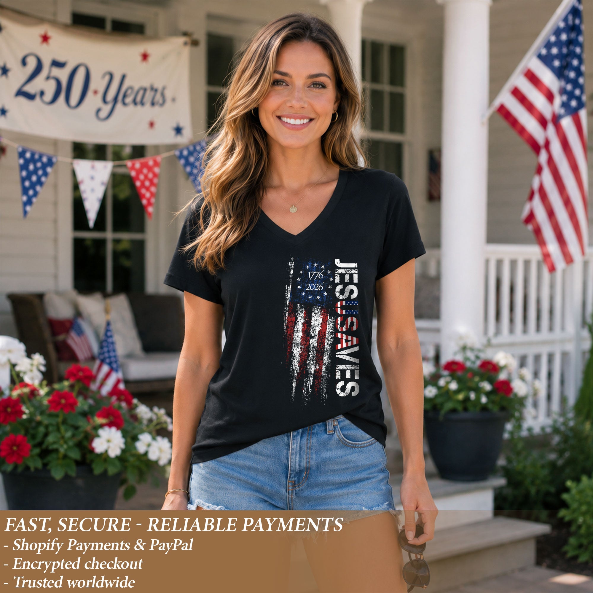 JESUSAVES Vertical 1776-2026 V-Neck Tee - Women's Graphic Patriotic Summer Shirt
