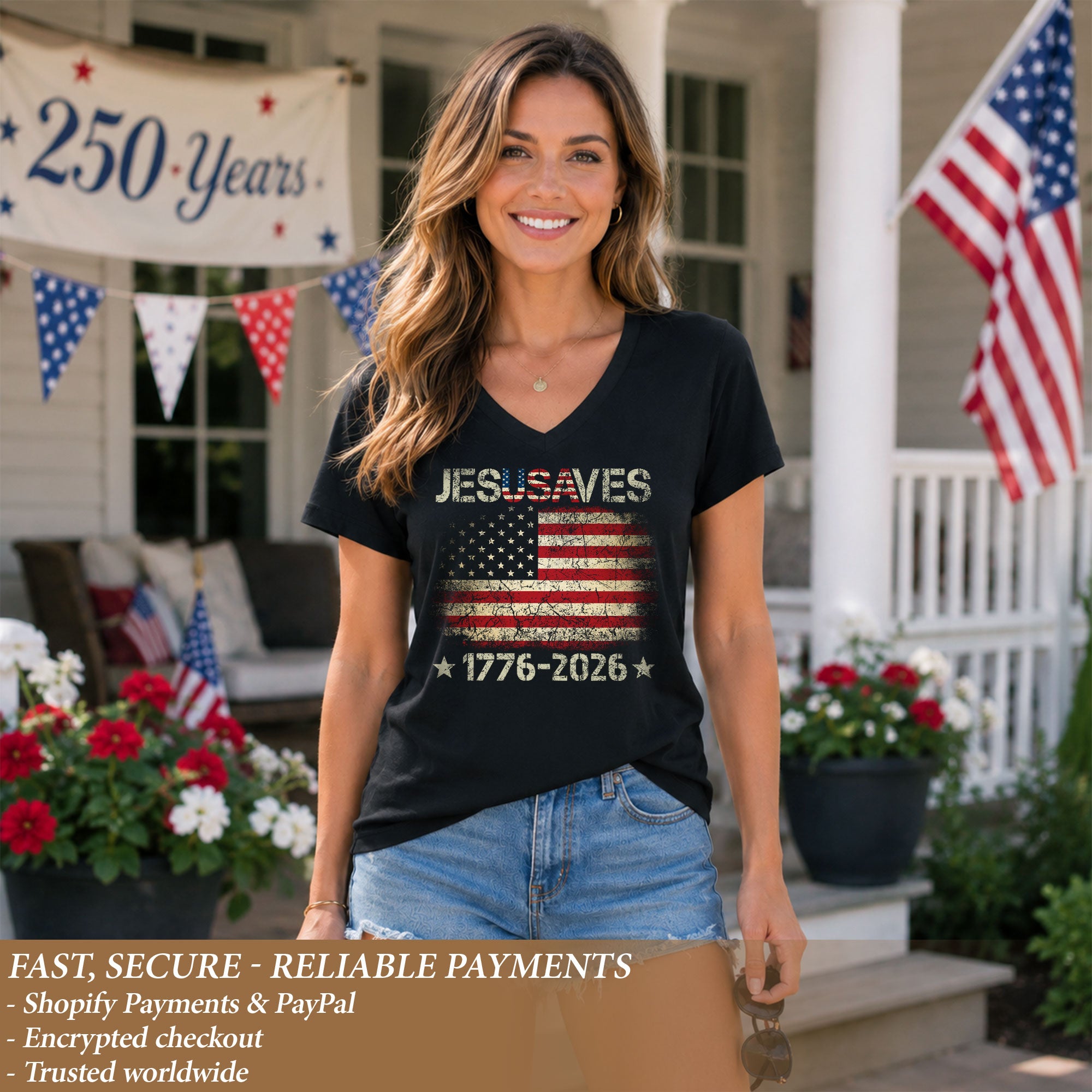 Women's JESUSAVES 1776-2026 V-Neck Tee - Patriotic Faith Graphic Summer Shirt