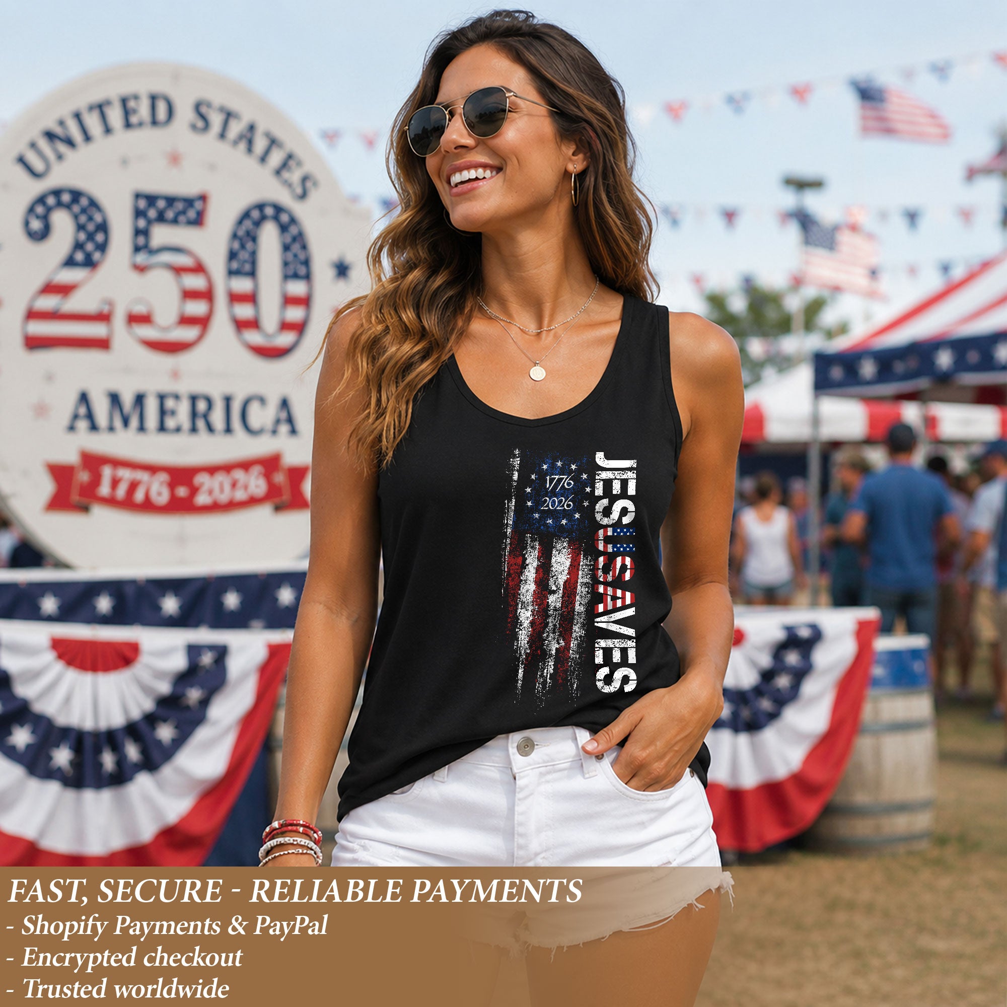 JESUSAVES Women's Tank Top Patriotic Flag 1776-2026 Christian Faith Graphic Shirt