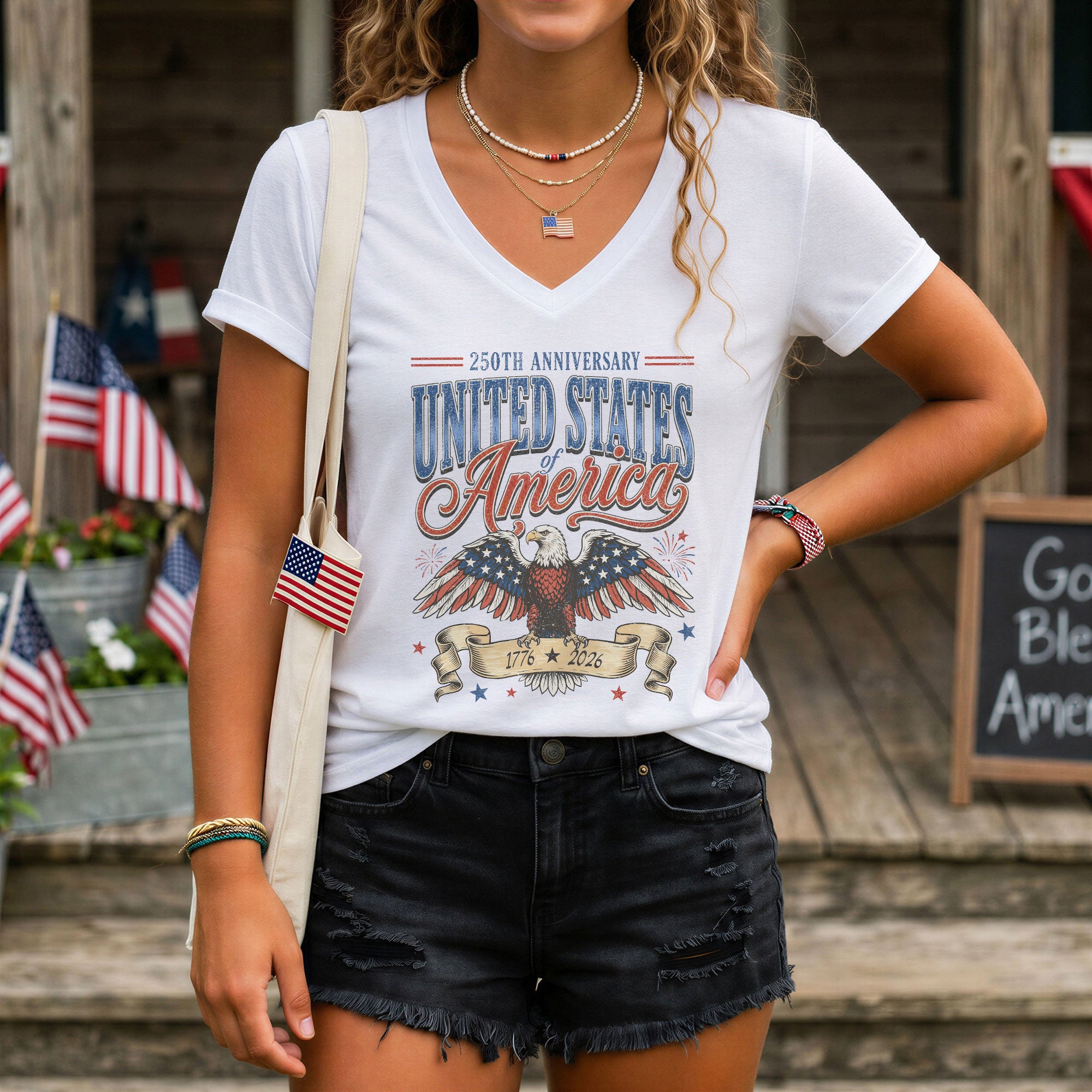 250th Anniversary United States Of America V-Neck Tee Patriotic Women's Holiday Shirt